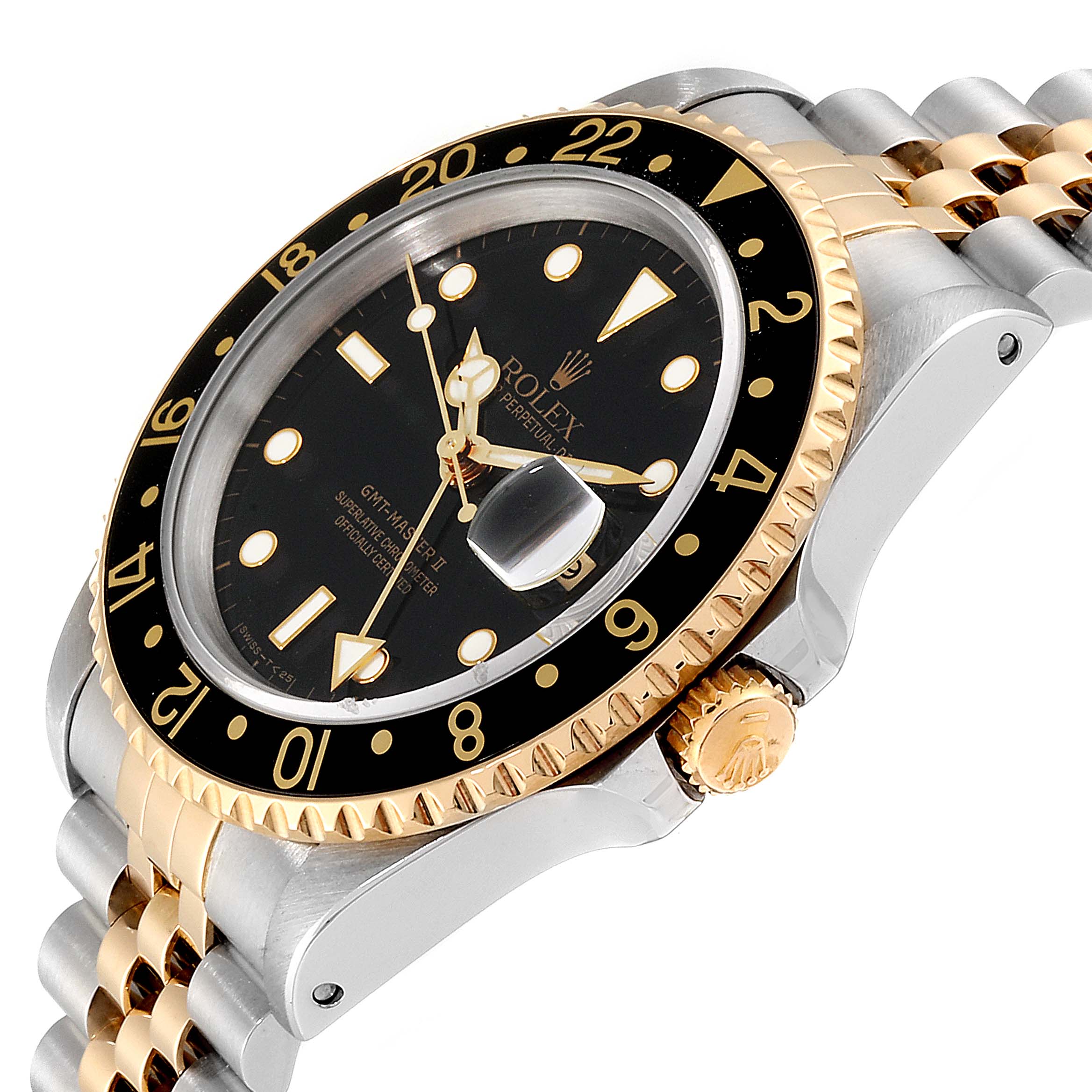 The image shows a side angle of a Rolex GMT-Master 16713 Men's Steel and Gold (two tone) Black Dial 16713 Men's Steel and Gold (two tone) Black Dial watch, highlighting the bezel, crown, and part of the jubilee bracelet.