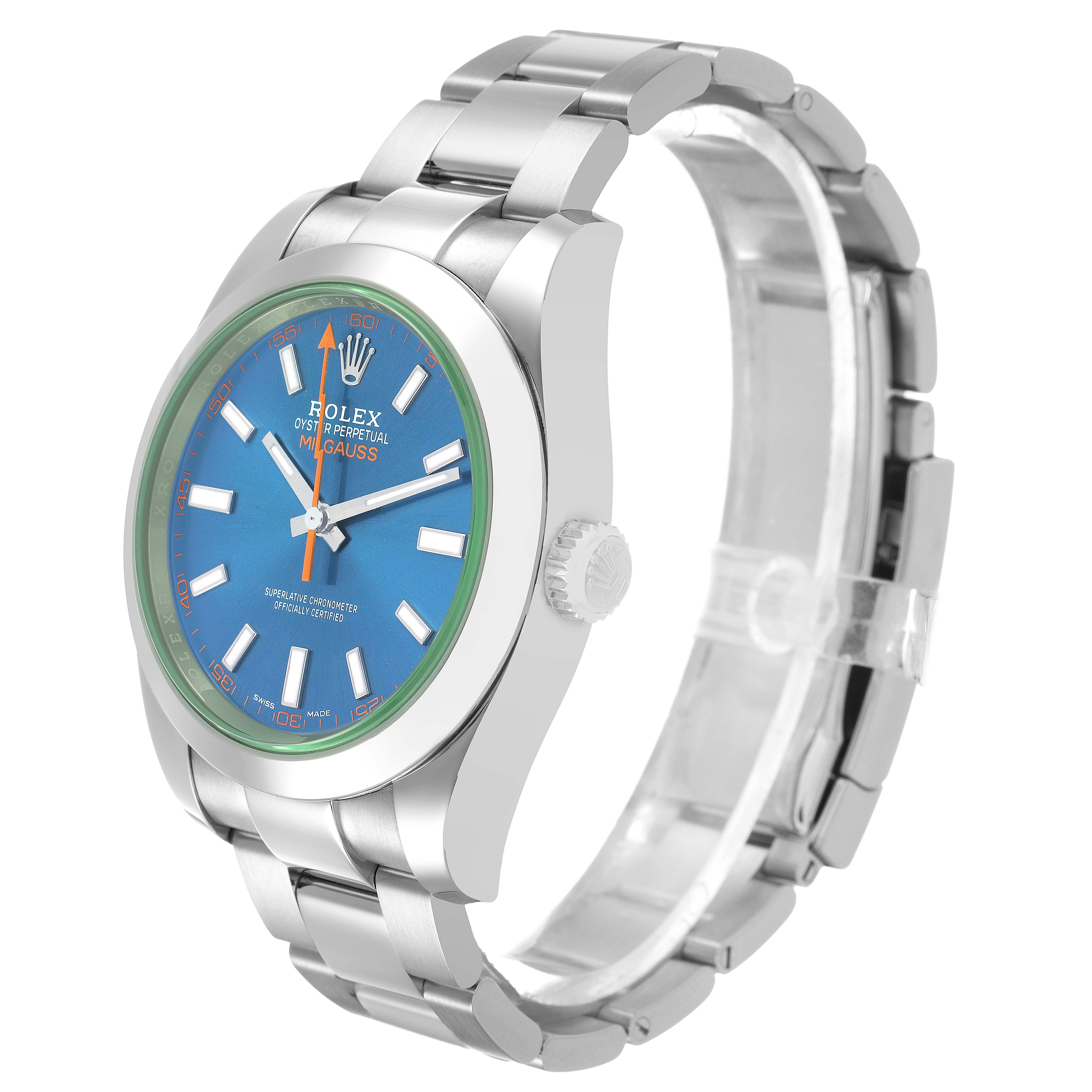 The Rolex Milgauss M116400GV Men's Stainless Steel Blue Dial watch is shown from a side angle, highlighting the dial, bezel, and bracelet.