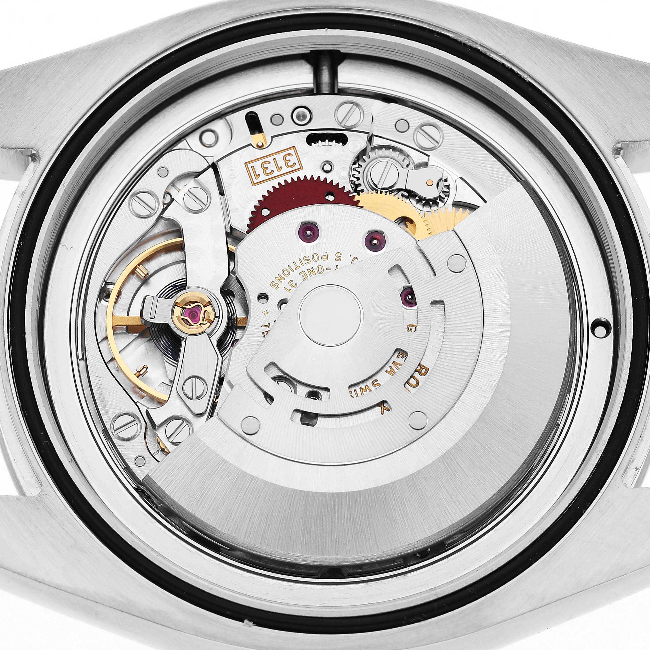 The image shows the back view of a Rolex Milgauss M116400GV Men's Stainless Steel Blue Dial watch, highlighting its intricate movement and internal components.