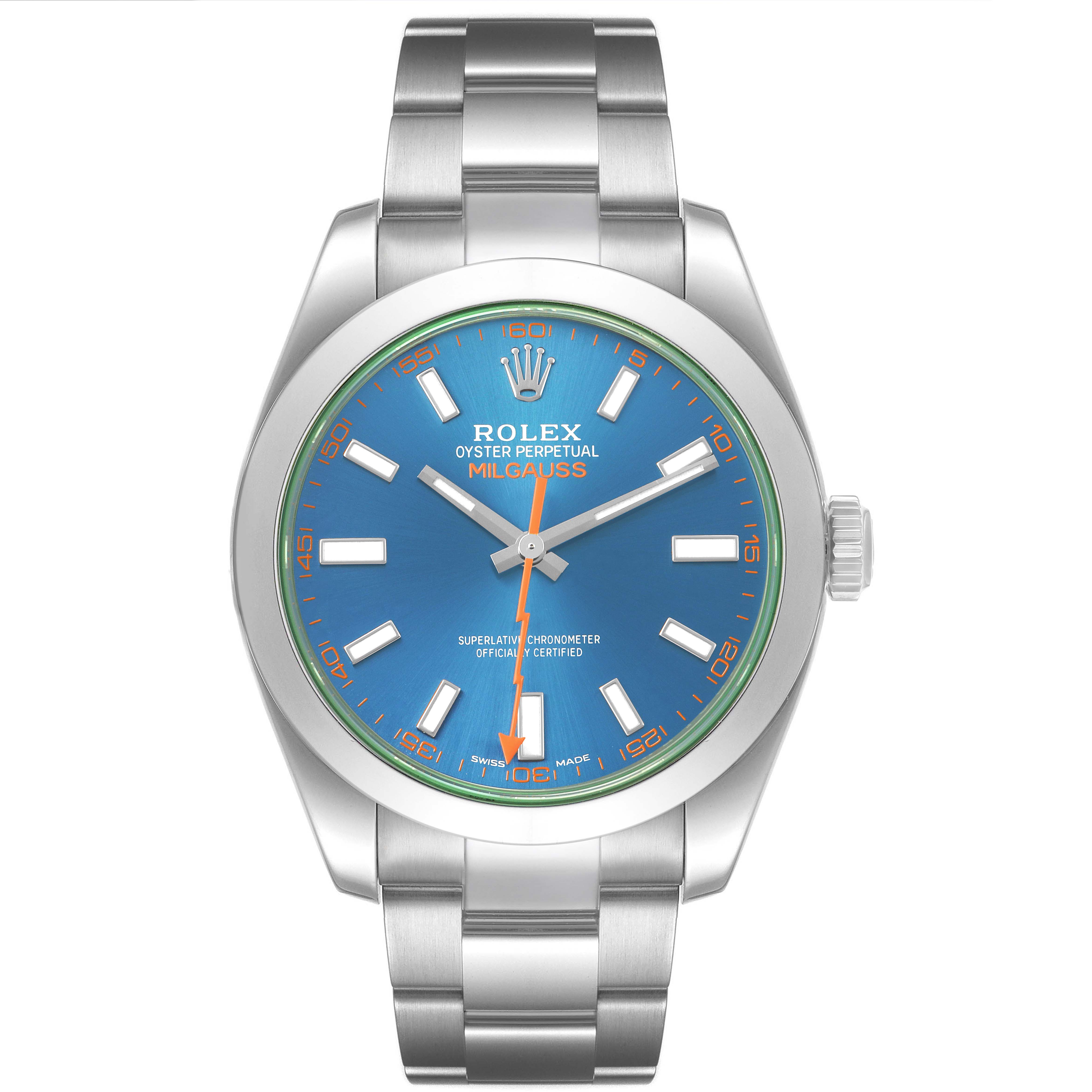The Rolex Milgauss M116400GV Men's Stainless Steel Blue Dial watch is shown from the front, featuring its blue dial, stainless steel case, and bracelet.