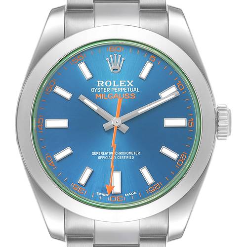 The image shows a Rolex Milgauss M116400GV Men's Stainless Steel Blue Dial watch from a front angle, highlighting the blue dial, orange lightning bolt second hand, and stainless steel bracelet.