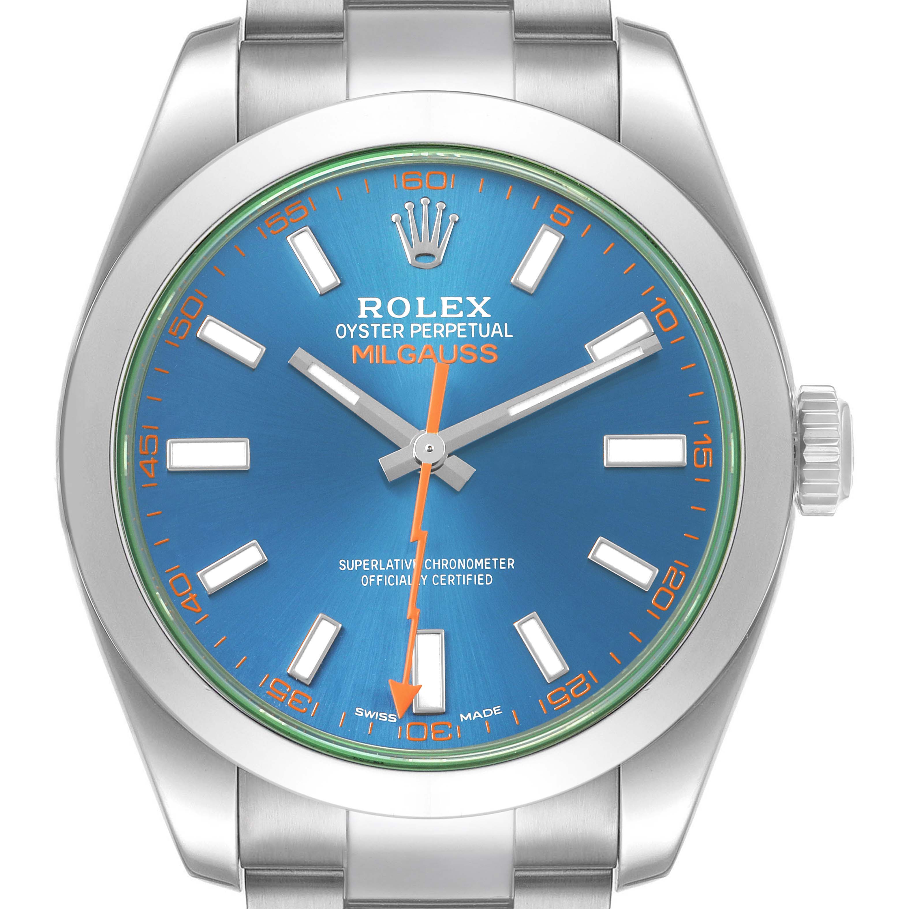 The Rolex Milgauss M116400GV Men's Stainless Steel Blue Dial watch is shown from the front, displaying the dial, hands, bezel, and part of the bracelet.