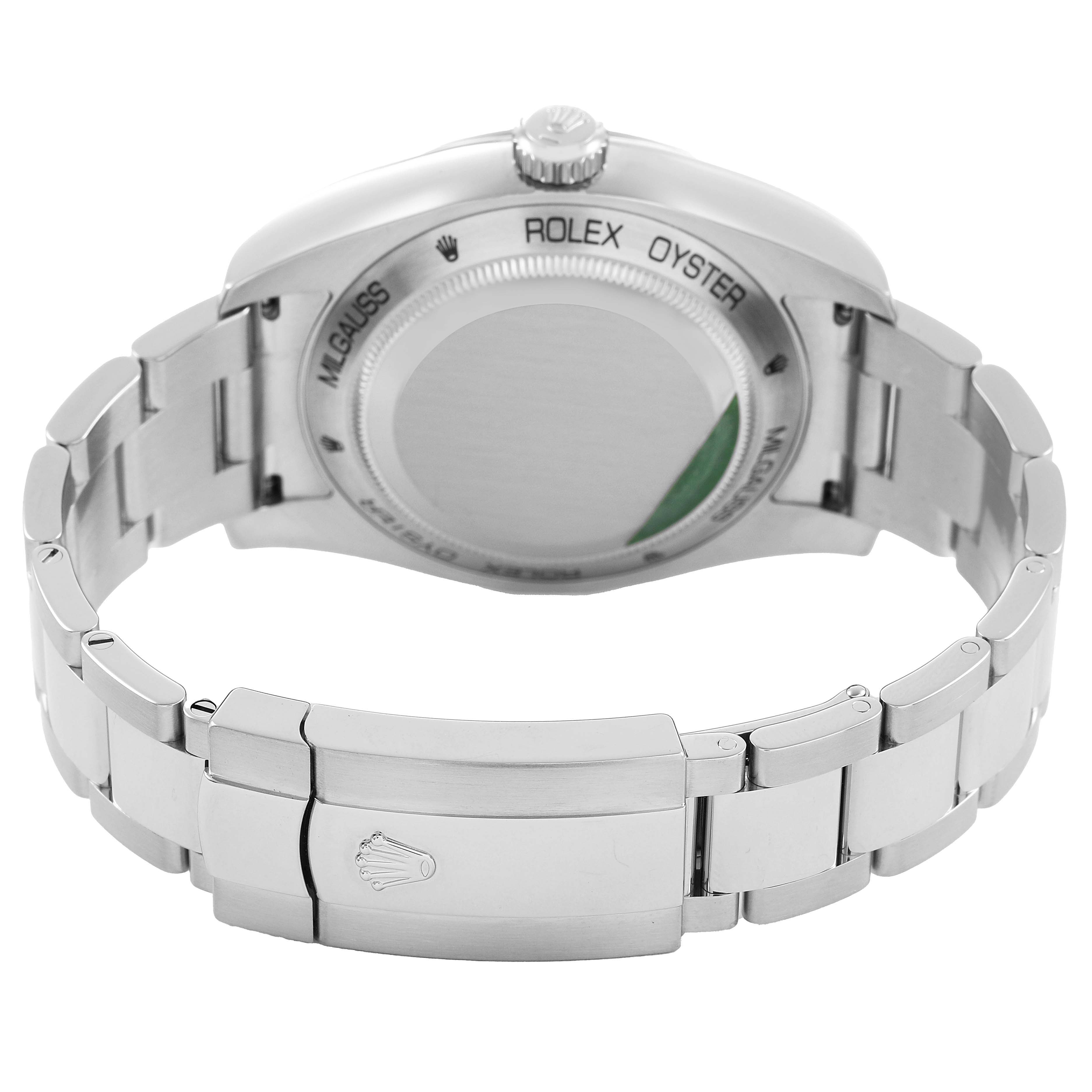 The image shows the back and bracelet clasp of a Rolex Milgauss M116400GV Men's Stainless Steel Blue Dial watch from a rear angle.