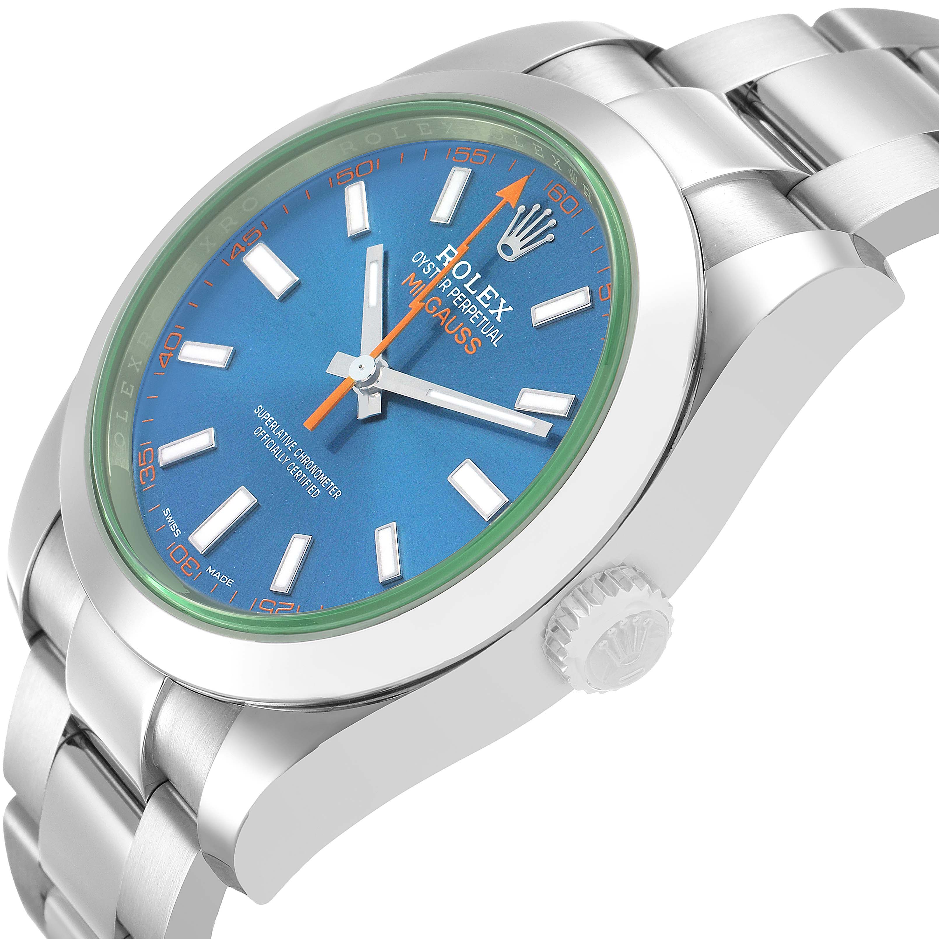 The Rolex Milgauss M116400GV Men's Stainless Steel Blue Dial watch is shown from a low side angle, displaying the face, bezel, crown, and part of the bracelet.