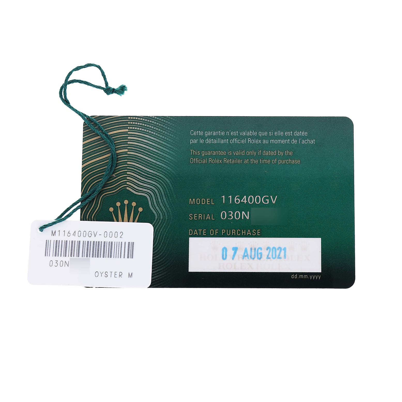 The image shows a warranty card for the Rolex Milgauss M116400GV Men's Stainless Steel Blue Dial model, including model and serial numbers.