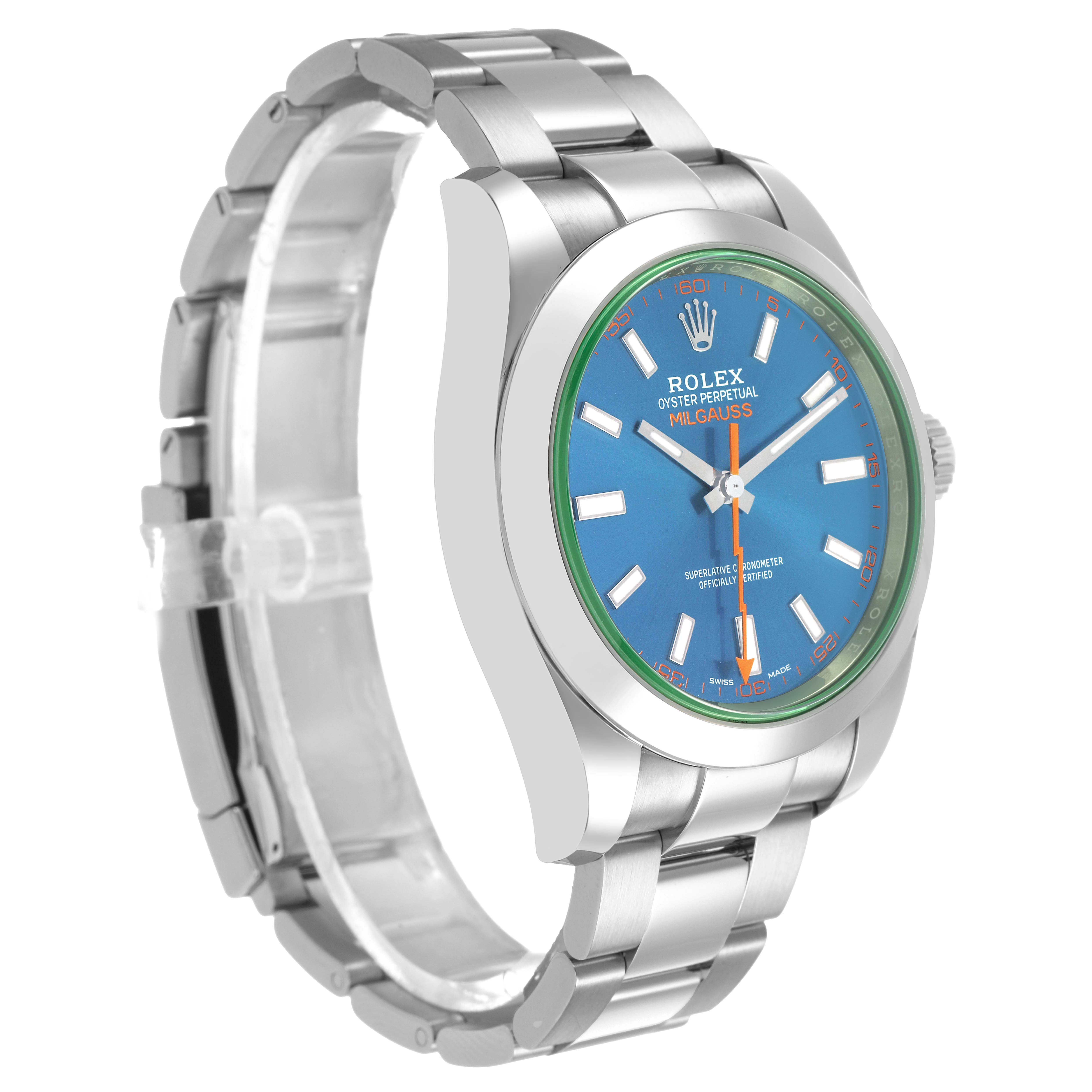 The Rolex Milgauss M116400GV Men's Stainless Steel Blue Dial watch is shown at a three-quarter angle, displaying the face, bezel, and stainless steel bracelet.