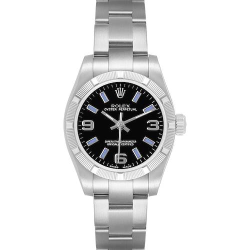 The Rolex Oyster Perpetual 176210 Women's Stainless Steel Black Dial watch is shown from a top-down angle, displaying its face, bezel, and stainless steel bracelet.