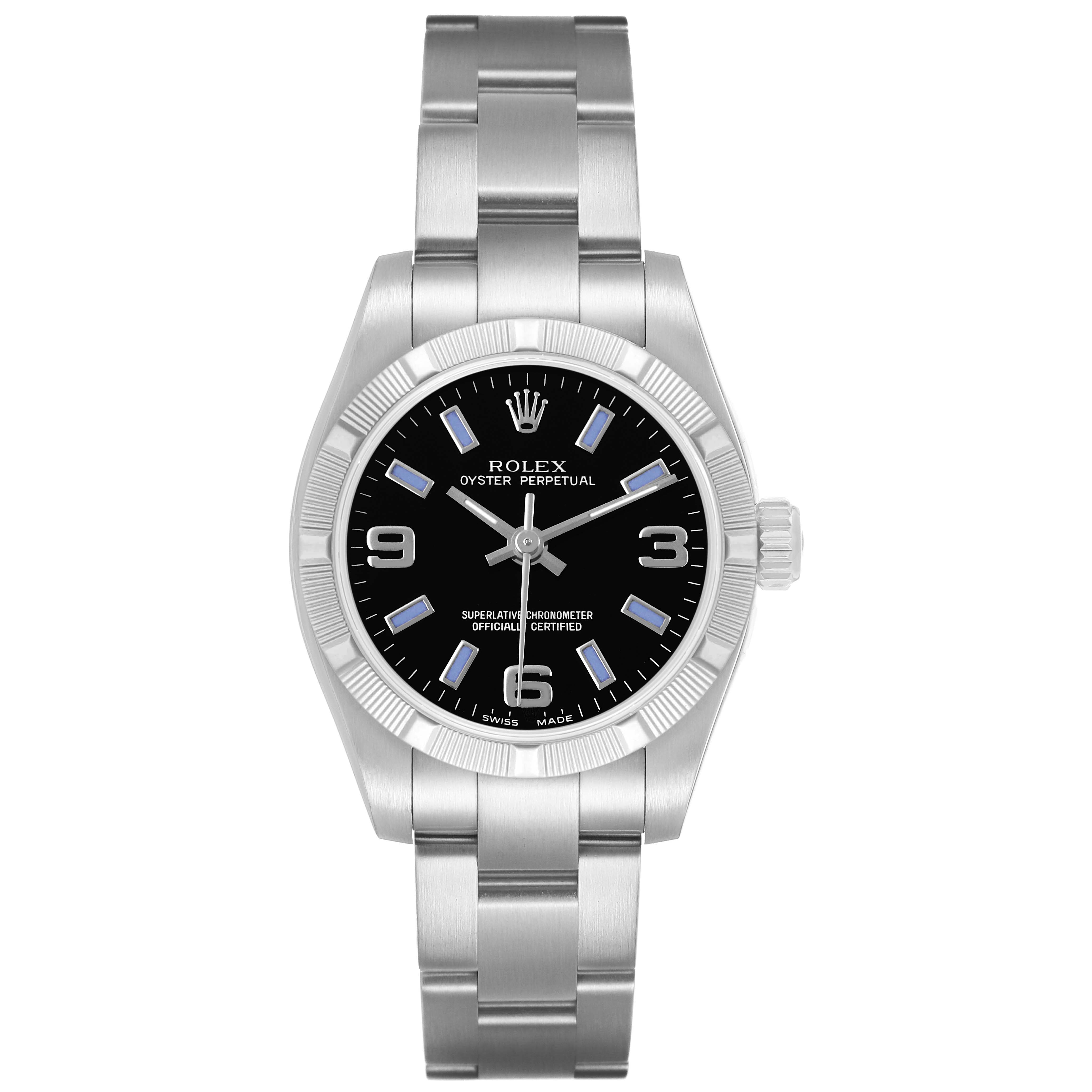 The Rolex Oyster Perpetual 176210 Women's Stainless Steel Black Dial watch is shown in a classic front view, displaying its dial, bezel, and bracelet.