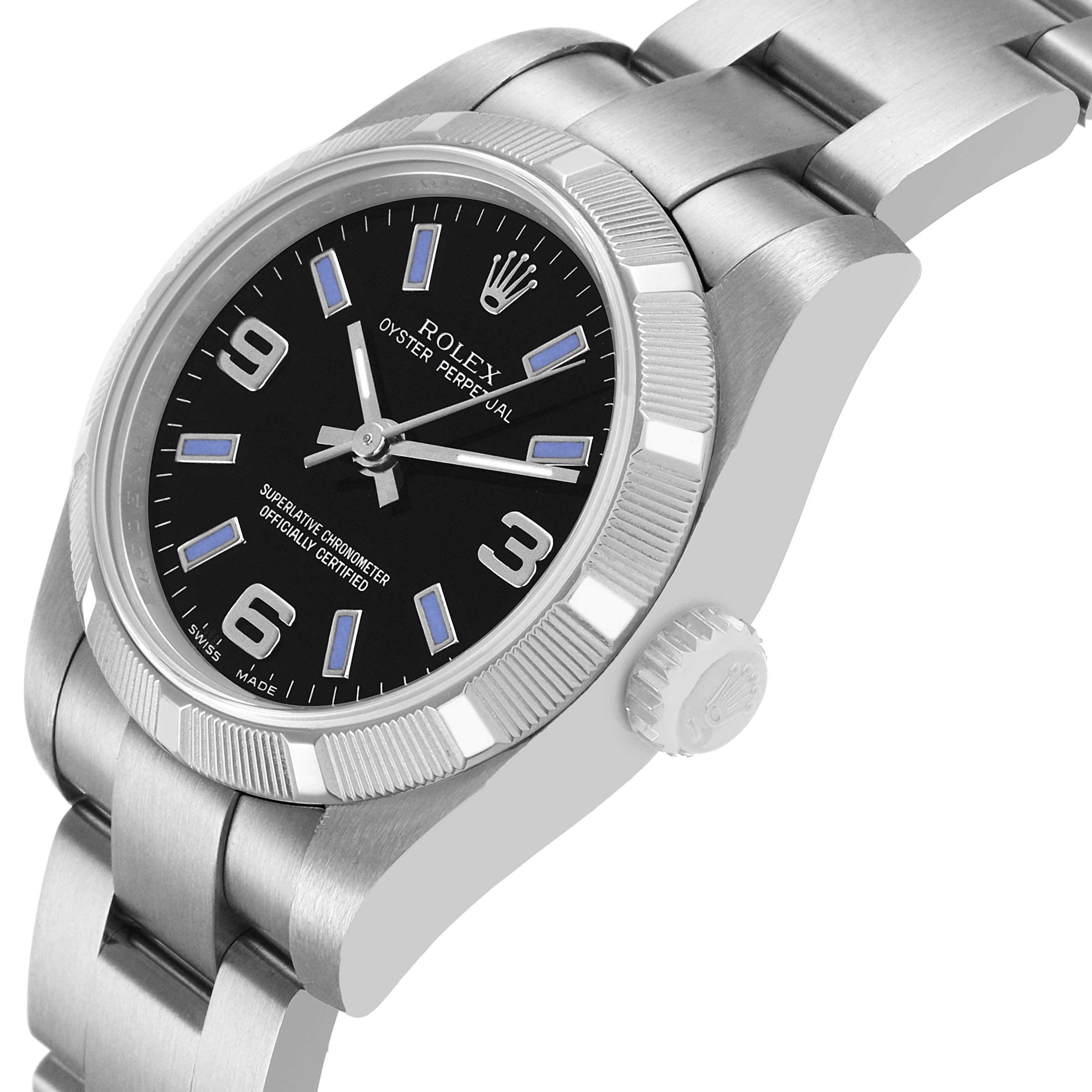 The Rolex Oyster Perpetual 176210 Women's Stainless Steel Black Dial watch is shown in a tilted angle featuring its bezel, crown, and part of the metal bracelet.