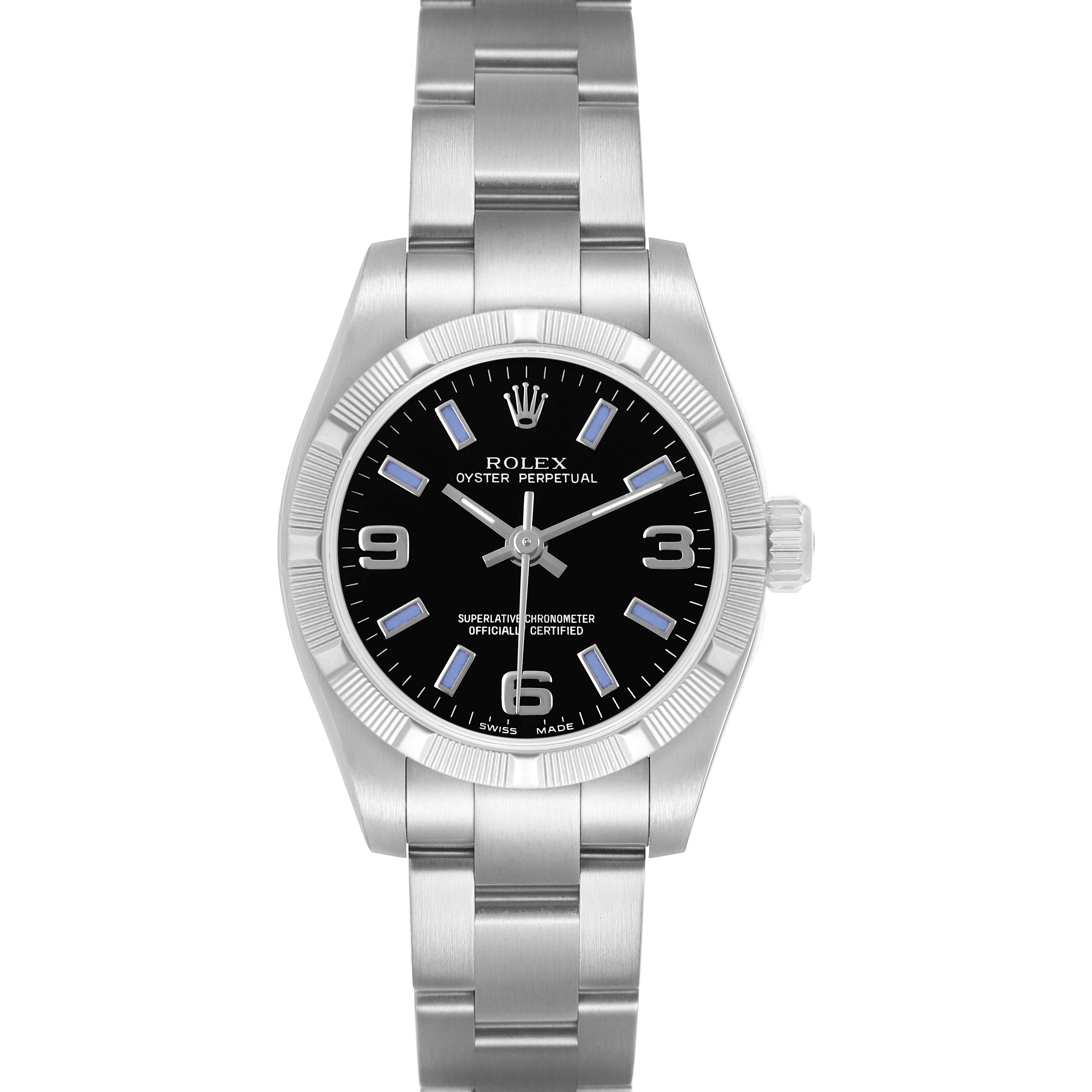 The Rolex Oyster Perpetual 176210 Women's Stainless Steel Black Dial watch is shown from a front angle, displaying the full face, bezel, and bracelet.