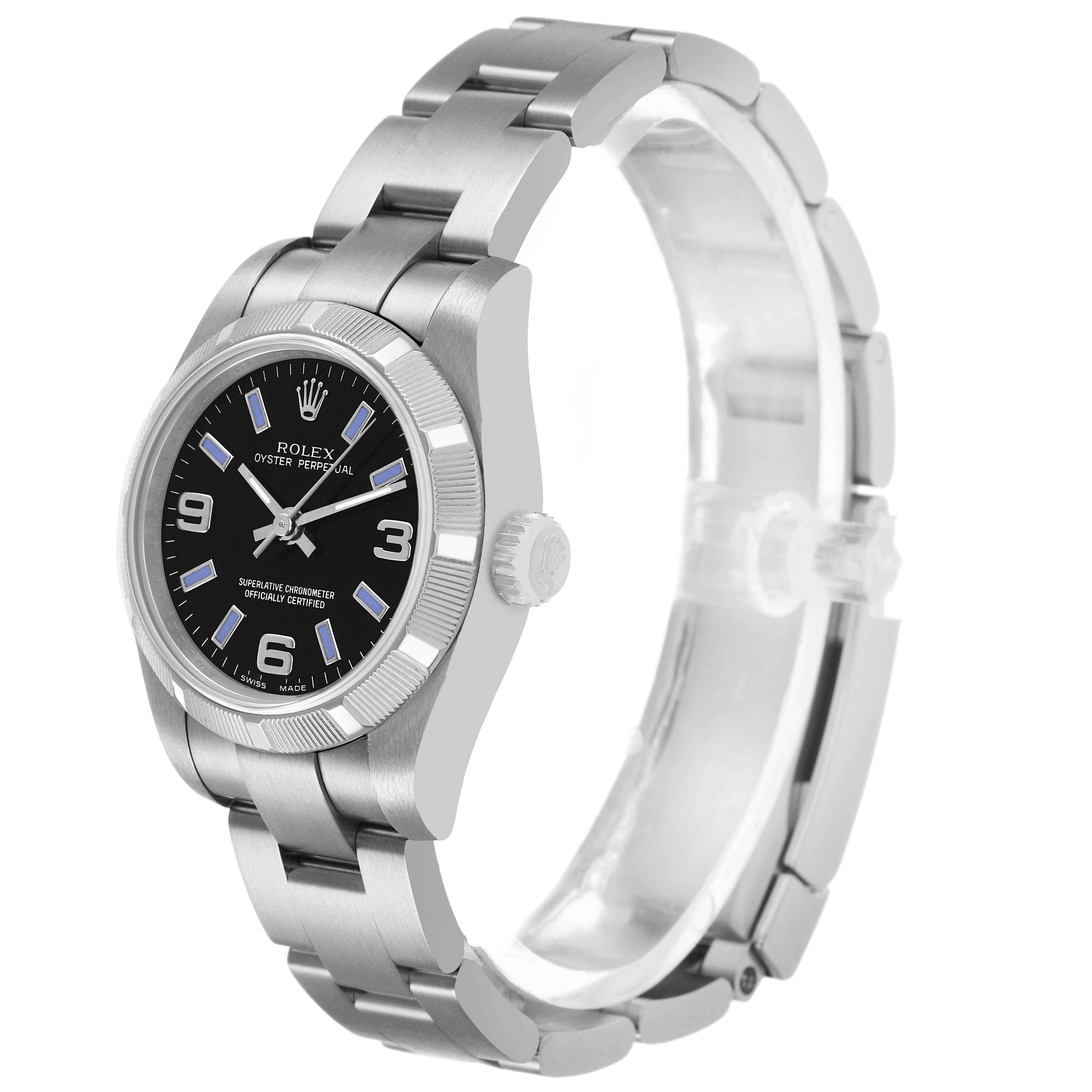 The image shows a side angle of the Rolex Oyster Perpetual 176210 Women's Stainless Steel Black Dial watch, highlighting the bracelet and crown.