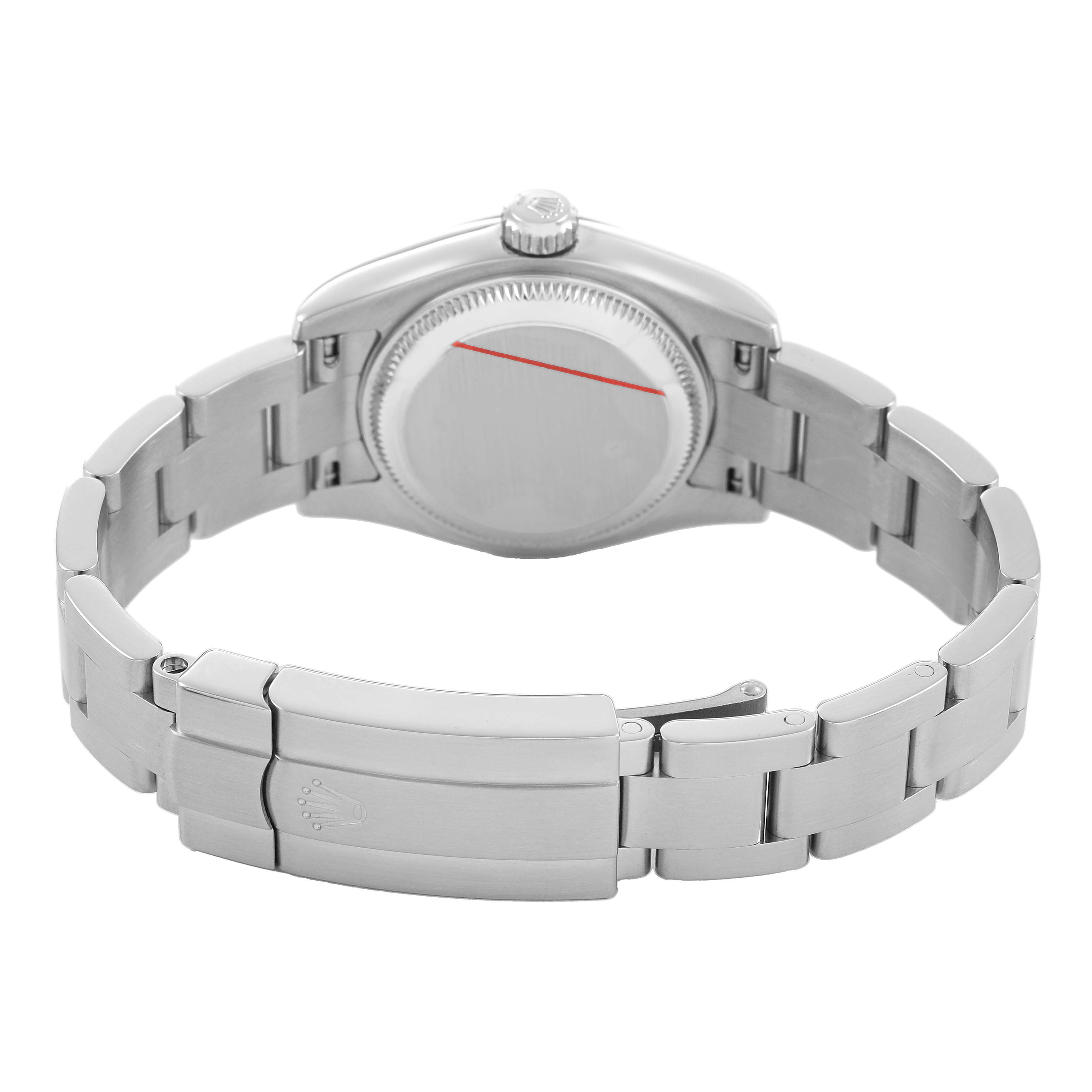The image shows a rear view of the Rolex Oyster Perpetual 176210 Women's Stainless Steel Black Dial, highlighting its bracelet, clasp, and case back.
