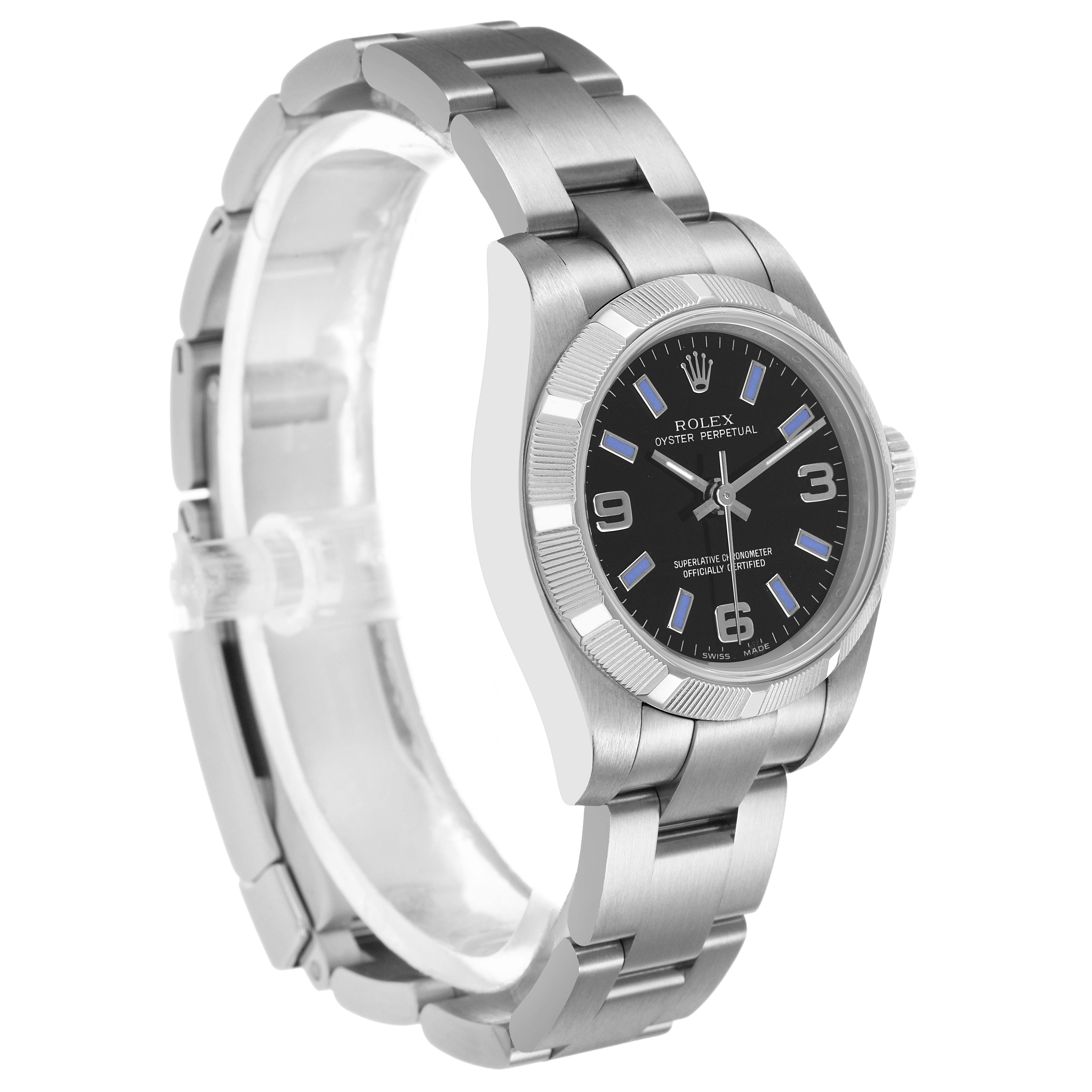 The Rolex Oyster Perpetual 176210 Women's Stainless Steel Black Dial watch is shown at a three-quarter angle, highlighting the face, bezel, and stainless steel bracelet.