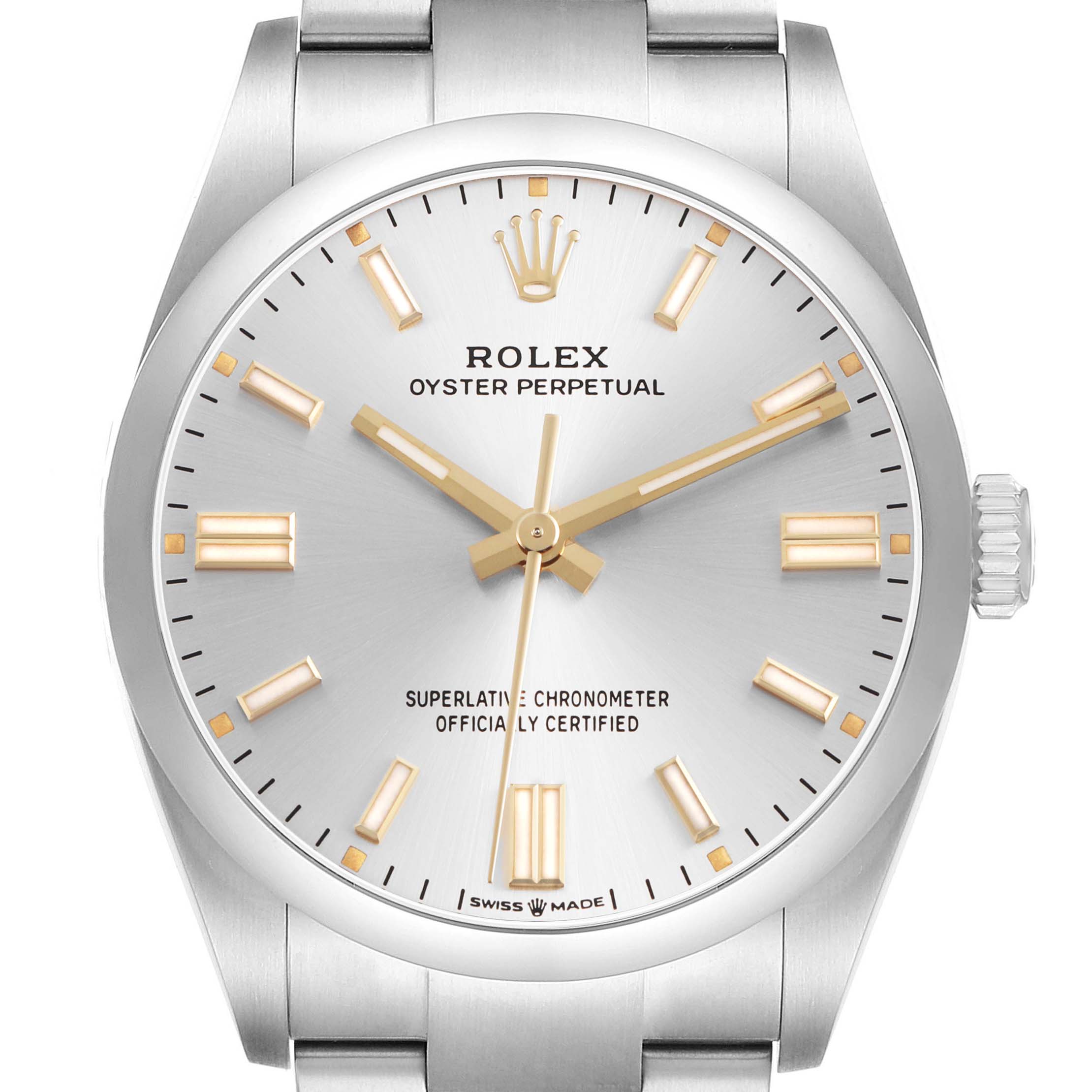 The Rolex Oyster Perpetual M126000-0001 Men's Stainless Steel Silver Dial watch is shown from a front view, displaying the dial, hands, markings, and part of the bracelet.