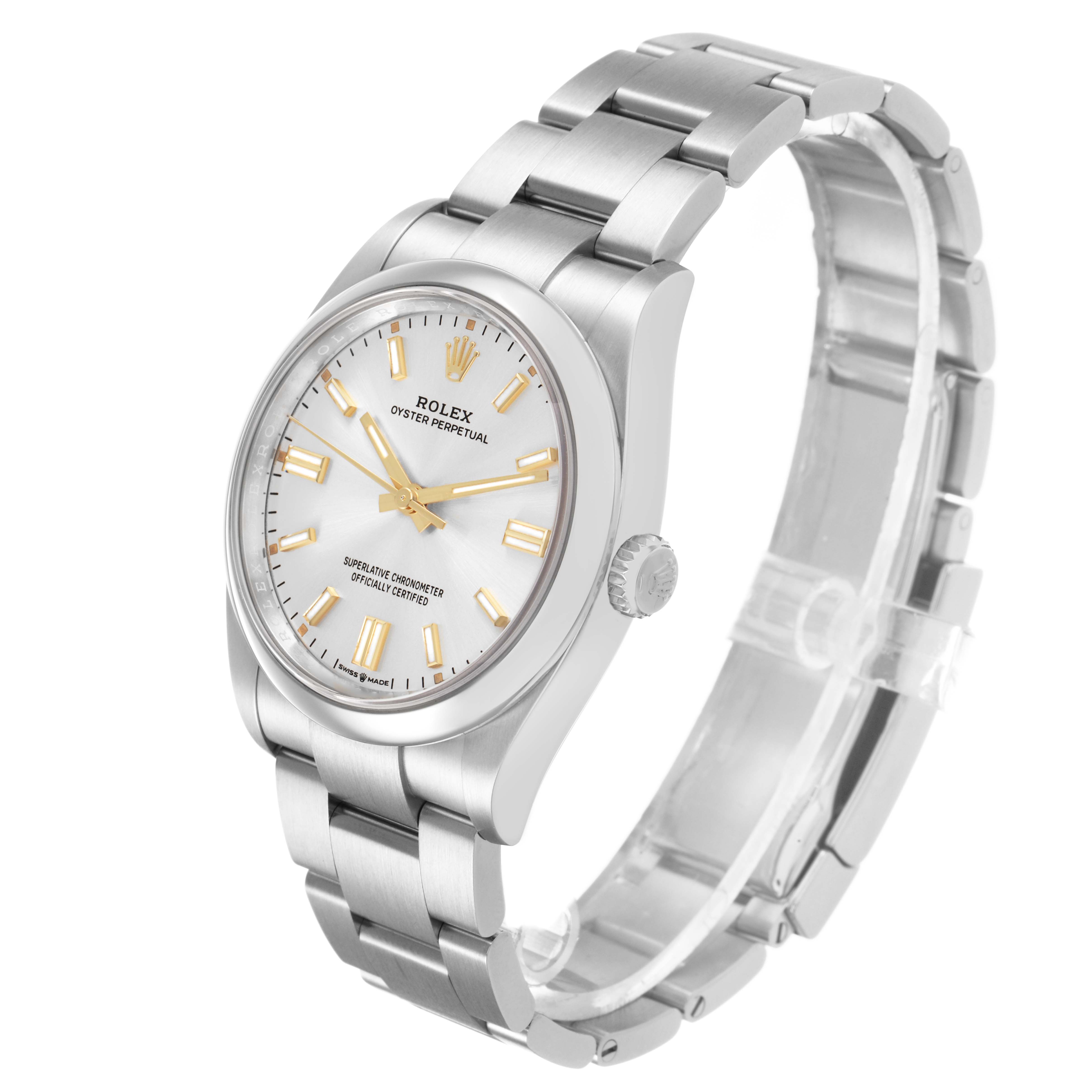The Rolex Oyster Perpetual M126000-0001 Men's Stainless Steel Silver Dial watch is shown at a front angle highlighting the dial, case, bracelet, and crown.