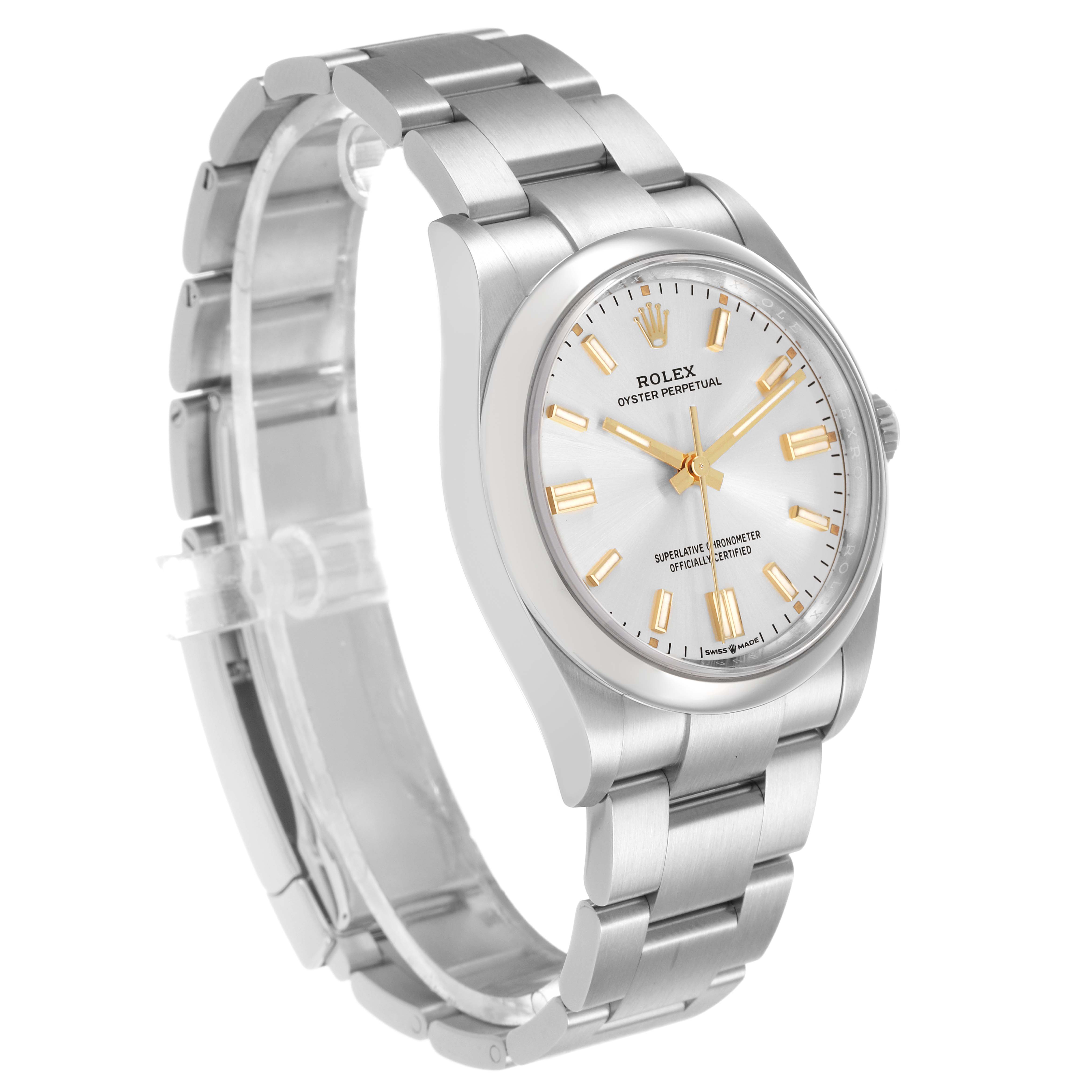 The Rolex Oyster Perpetual M126000-0001 Men's Stainless Steel Silver Dial watch is shown at a three-quarter angle, highlighting the face, bezel, and bracelet.