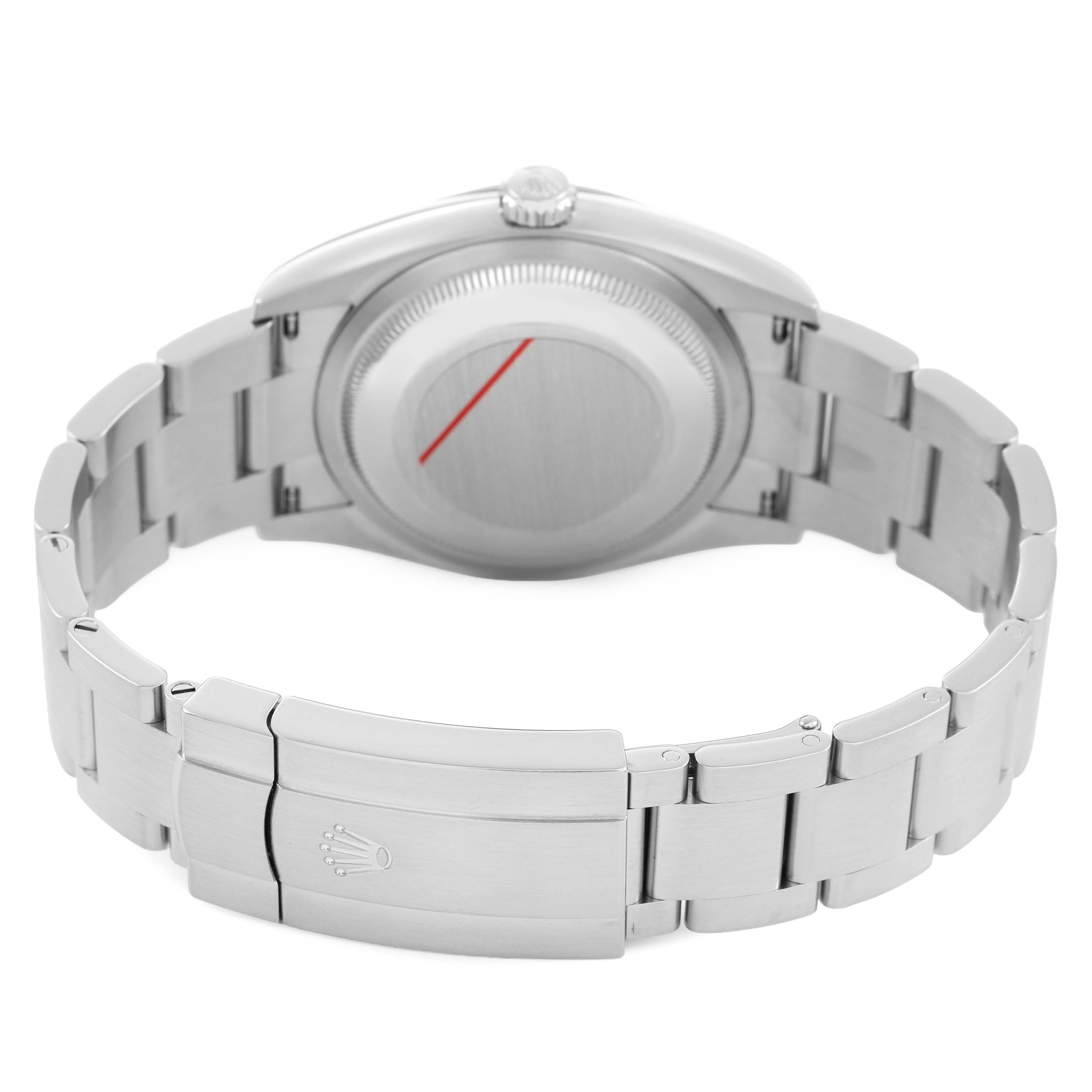 The image shows the back and bracelet of a Rolex Oyster Perpetual M126000-0001 Men's Stainless Steel Silver Dial watch, highlighting the clasp and case back.