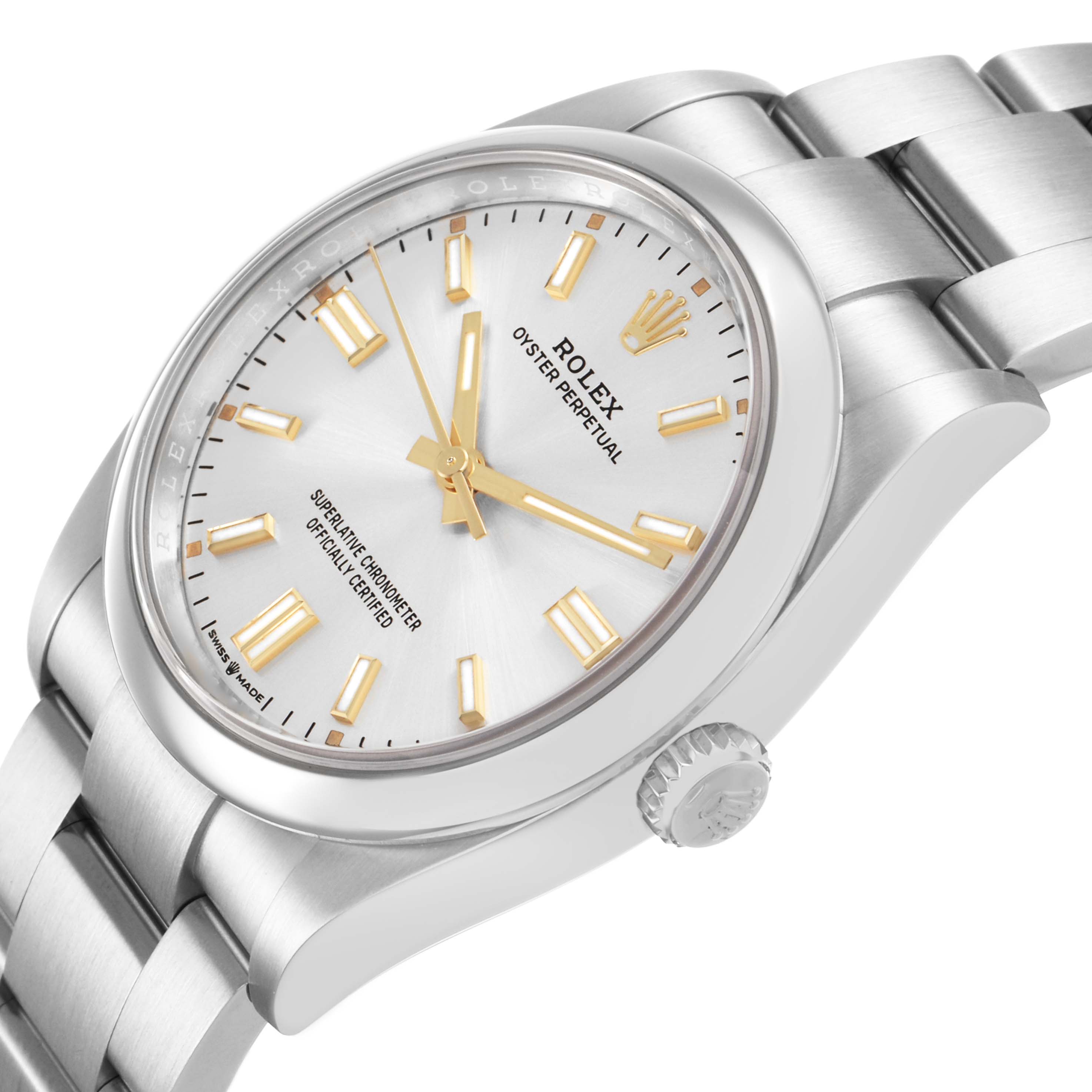 The image shows a Rolex Oyster Perpetual M126000-0001 Men's Stainless Steel Silver Dial watch from a side angle, displaying the dial, bezel, and bracelet.
