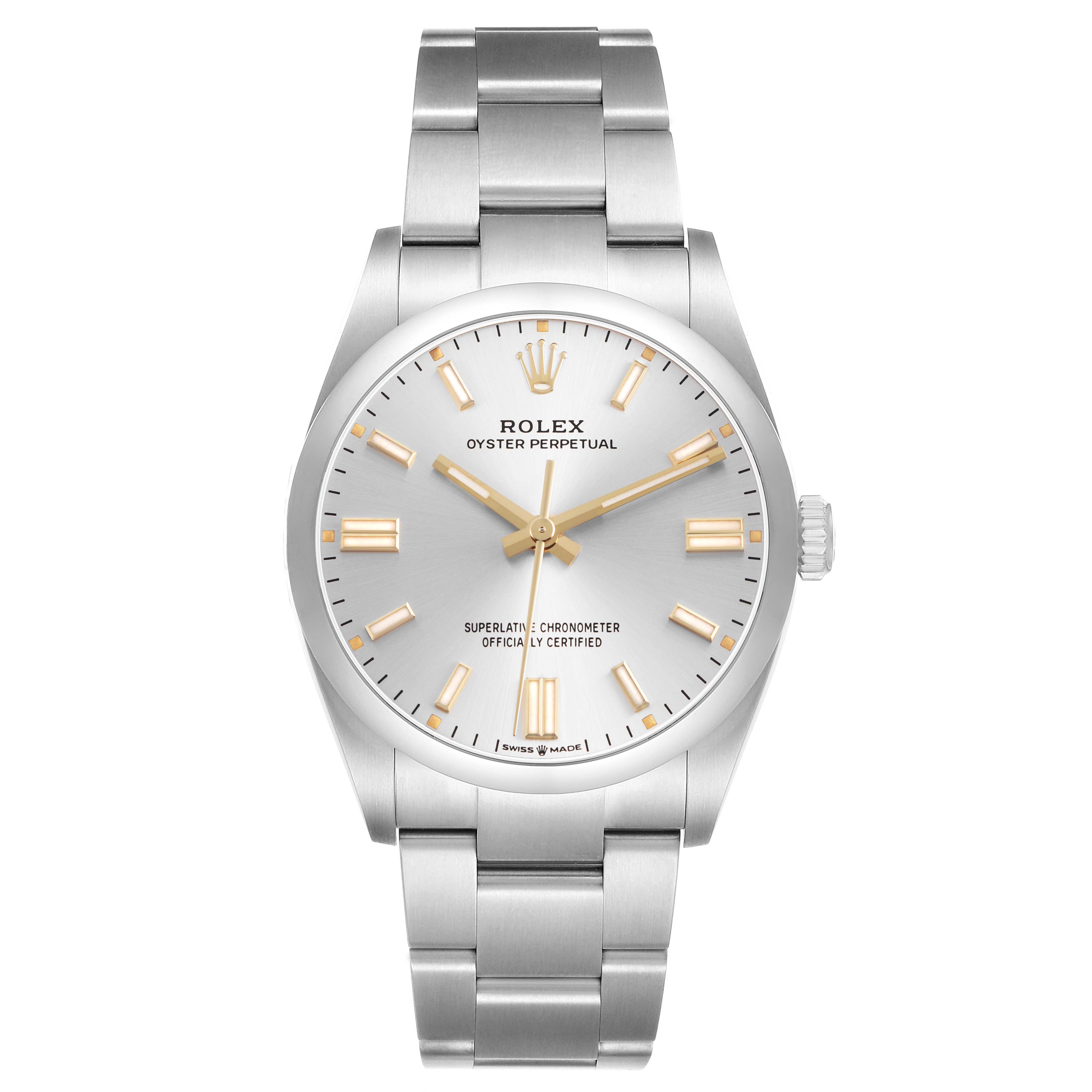 The Rolex Oyster Perpetual M126000-0001 Men's Stainless Steel Silver Dial watch is shown from a front angle, displaying the dial, bezel, bracelet, and crown.