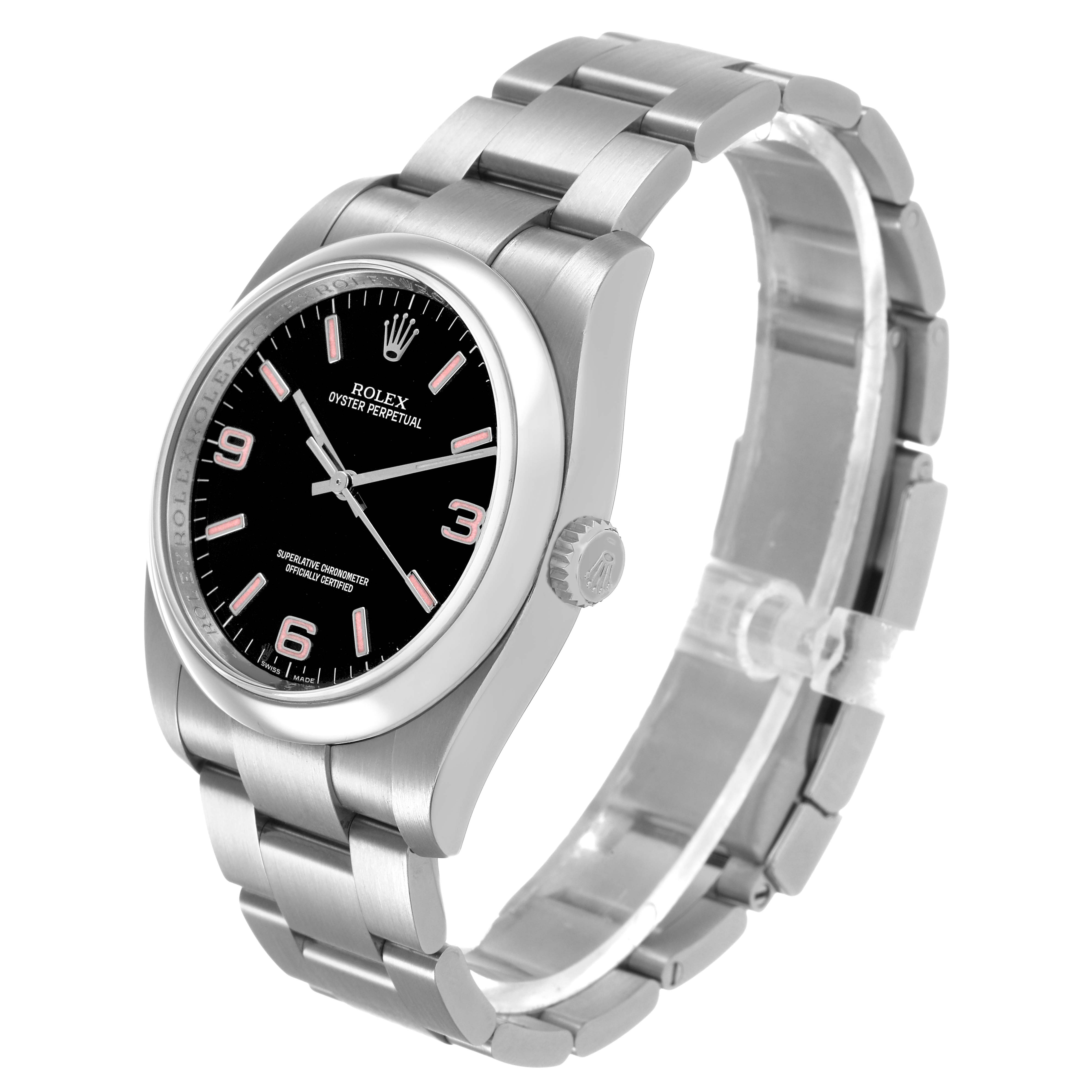 The Rolex Oyster Perpetual 116000 Men's Stainless Steel Black Dial watch is shown at a three-quarter angle featuring the face, bracelet, and crown.