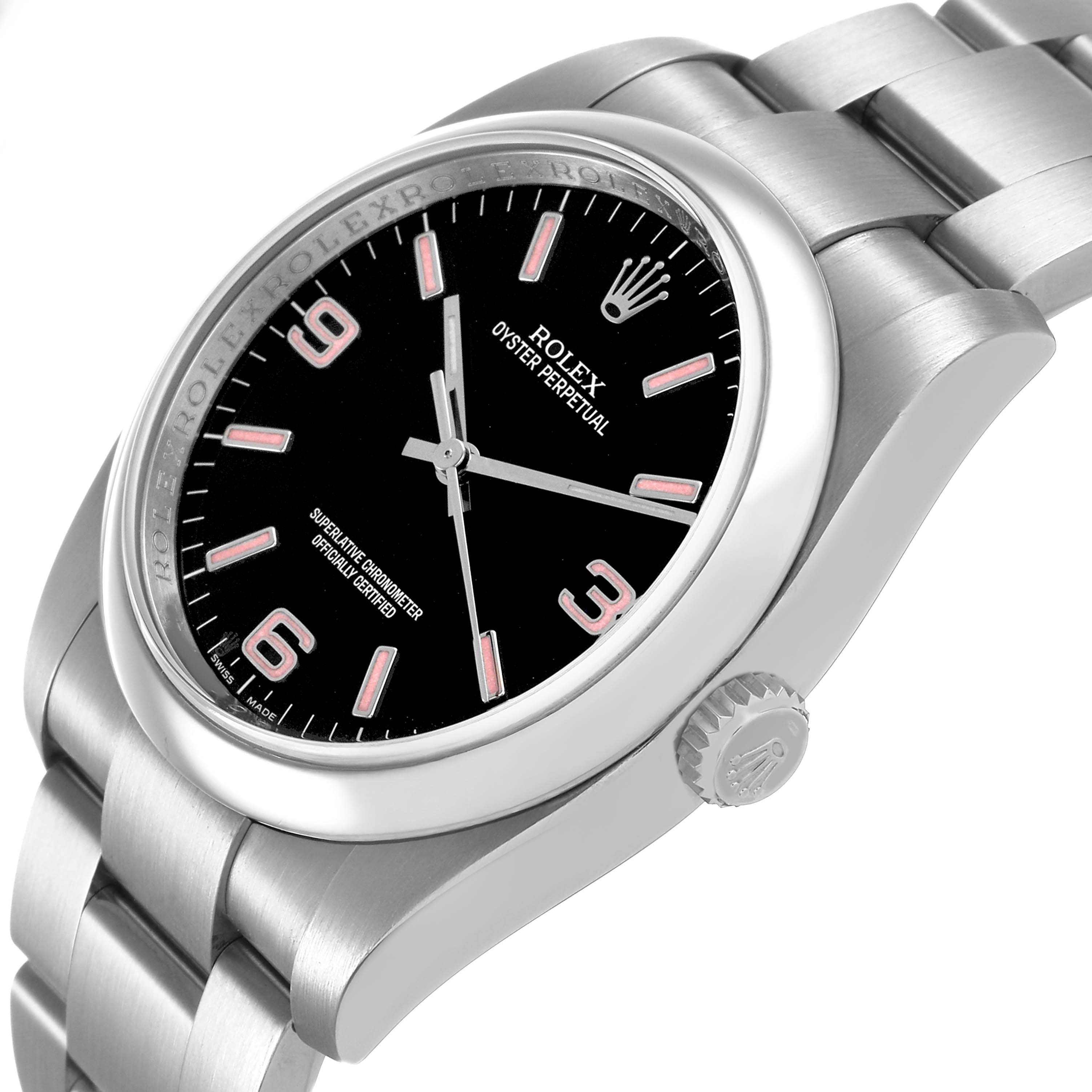 The Rolex Oyster Perpetual 116000 Men's Stainless Steel Black Dial is shown at an oblique angle, highlighting the watch face, crown, case, and bracelet.