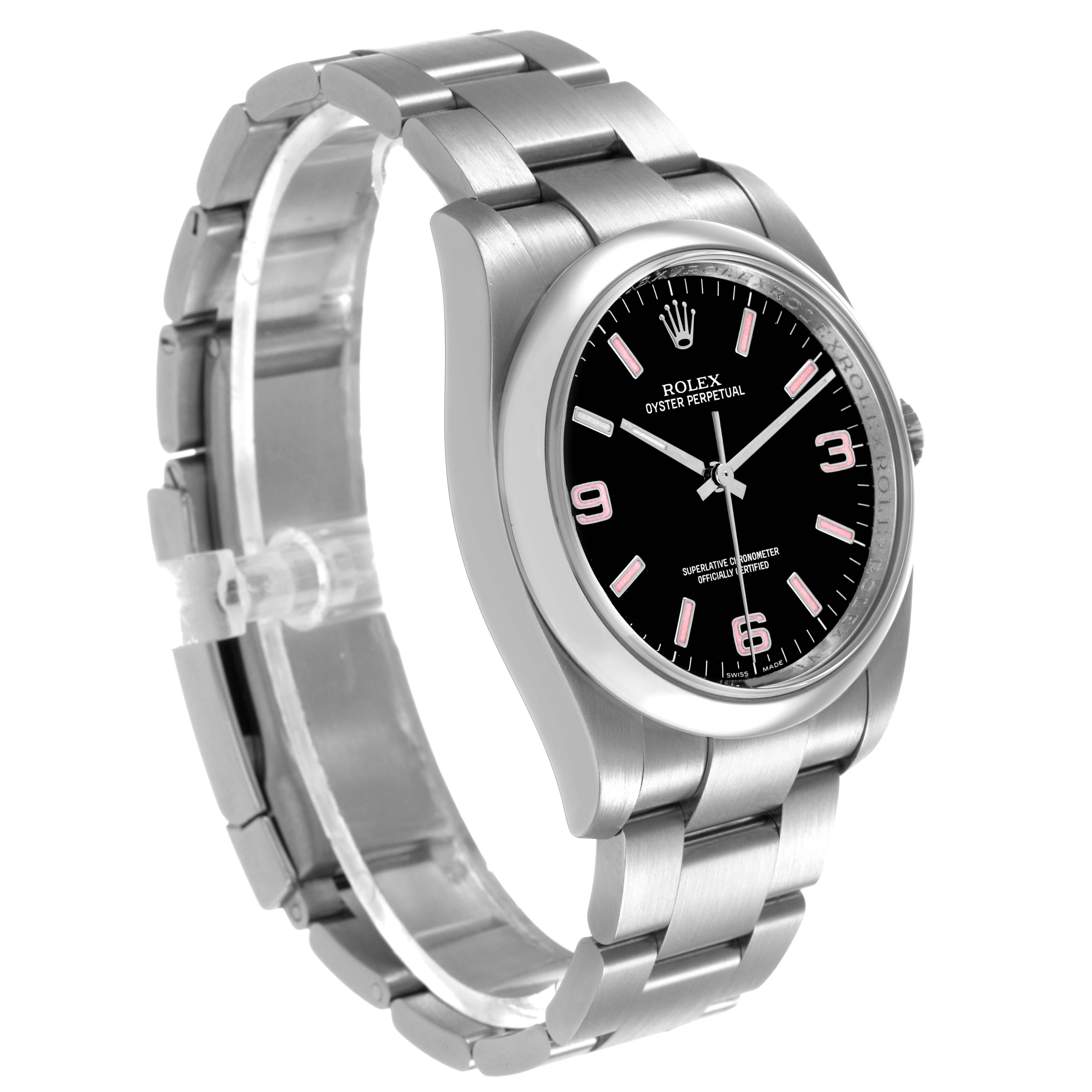 The Rolex Oyster Perpetual 116000 Men's Stainless Steel Black Dial watch is shown at a three-quarter angle, displaying the black dial, case, and bracelet.