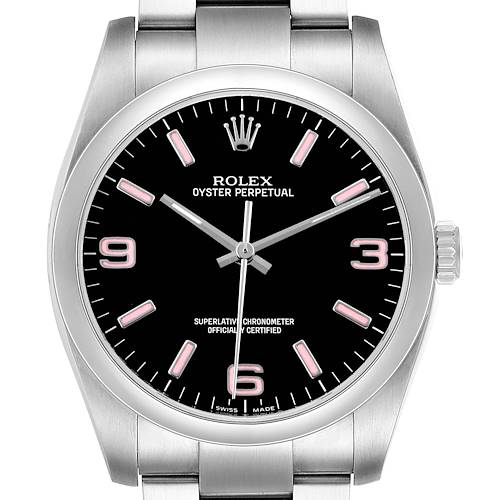 The Rolex Oyster Perpetual 116000 Men's Stainless Steel Black Dial watch is shown from a front angle, displaying its dial, hands, markers, and crown.