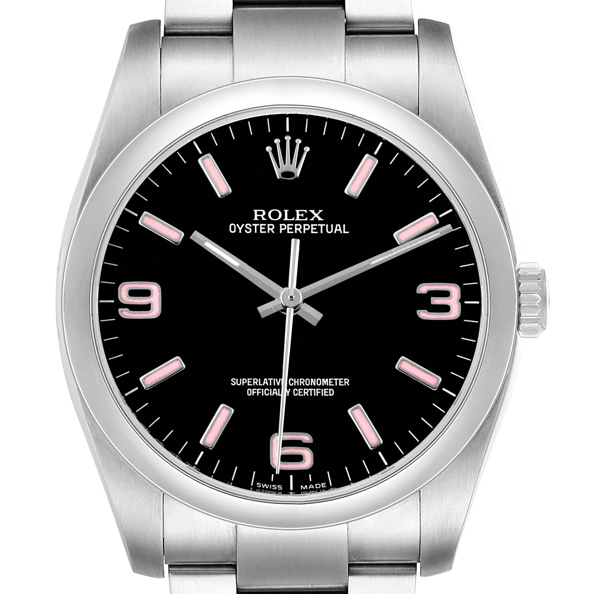 The Rolex Oyster Perpetual 116000 Men's Stainless Steel Black Dial is shown from the front, displaying the dial, hands, markers, and part of the bracelet.