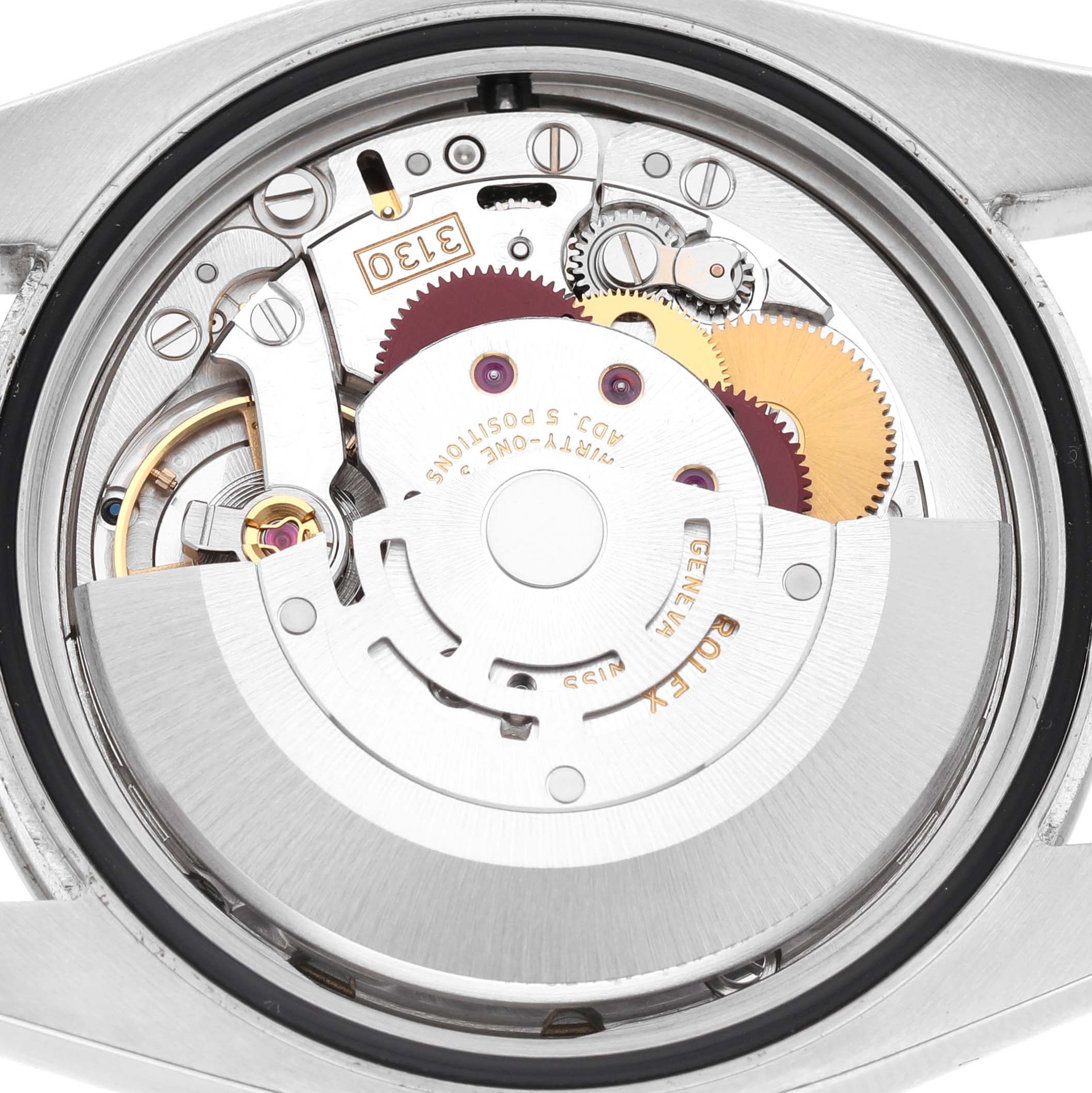 This image shows a close-up view of the movement inside a Rolex Oyster Perpetual 116000 Men's Stainless Steel Black Dial, displaying gears and the rotor.