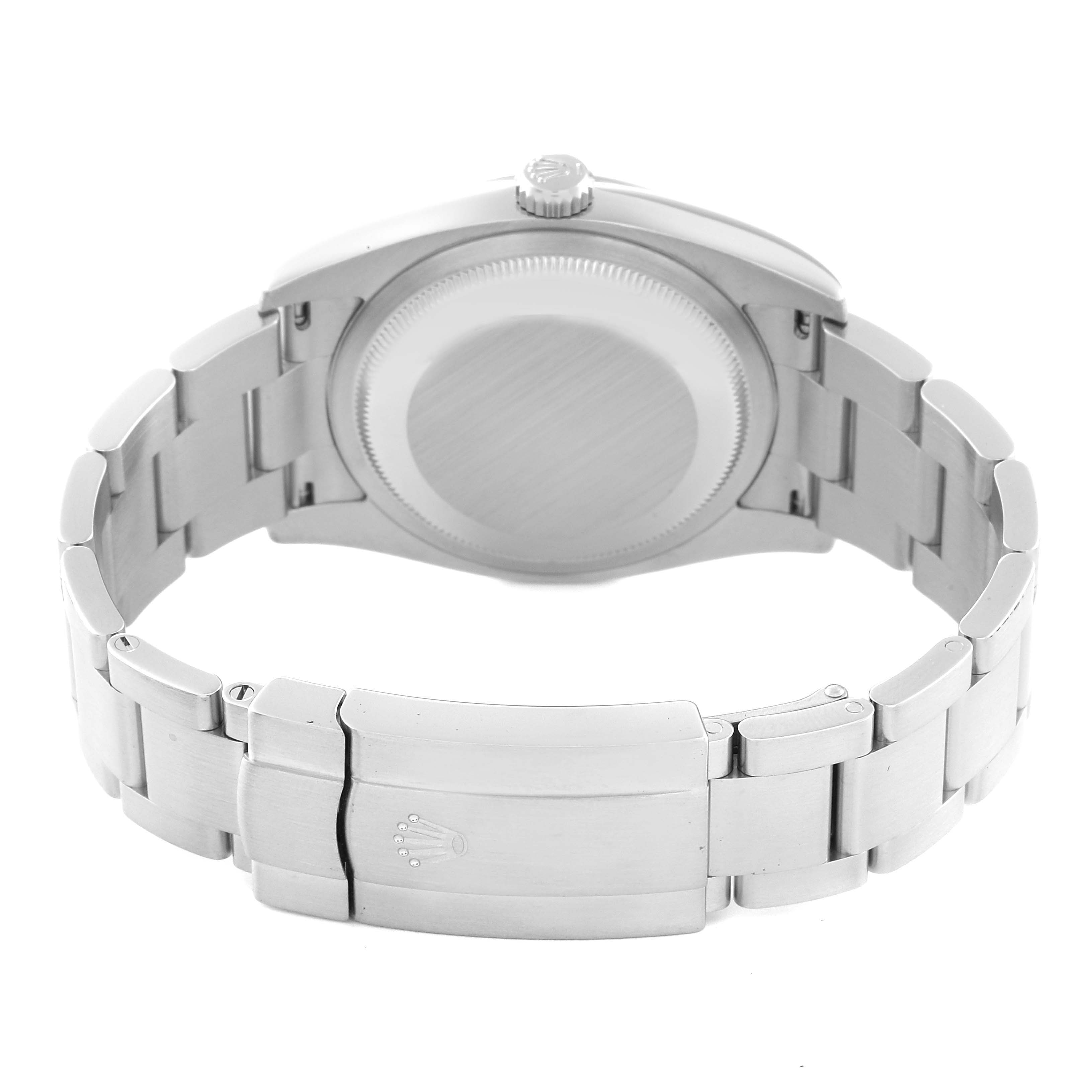 The image shows the back view of a Rolex Oyster Perpetual 116000 Men's Stainless Steel Blue Dial 116000 Men's Stainless Steel Blue Dial watch, highlighting the bracelet and closed clasp.