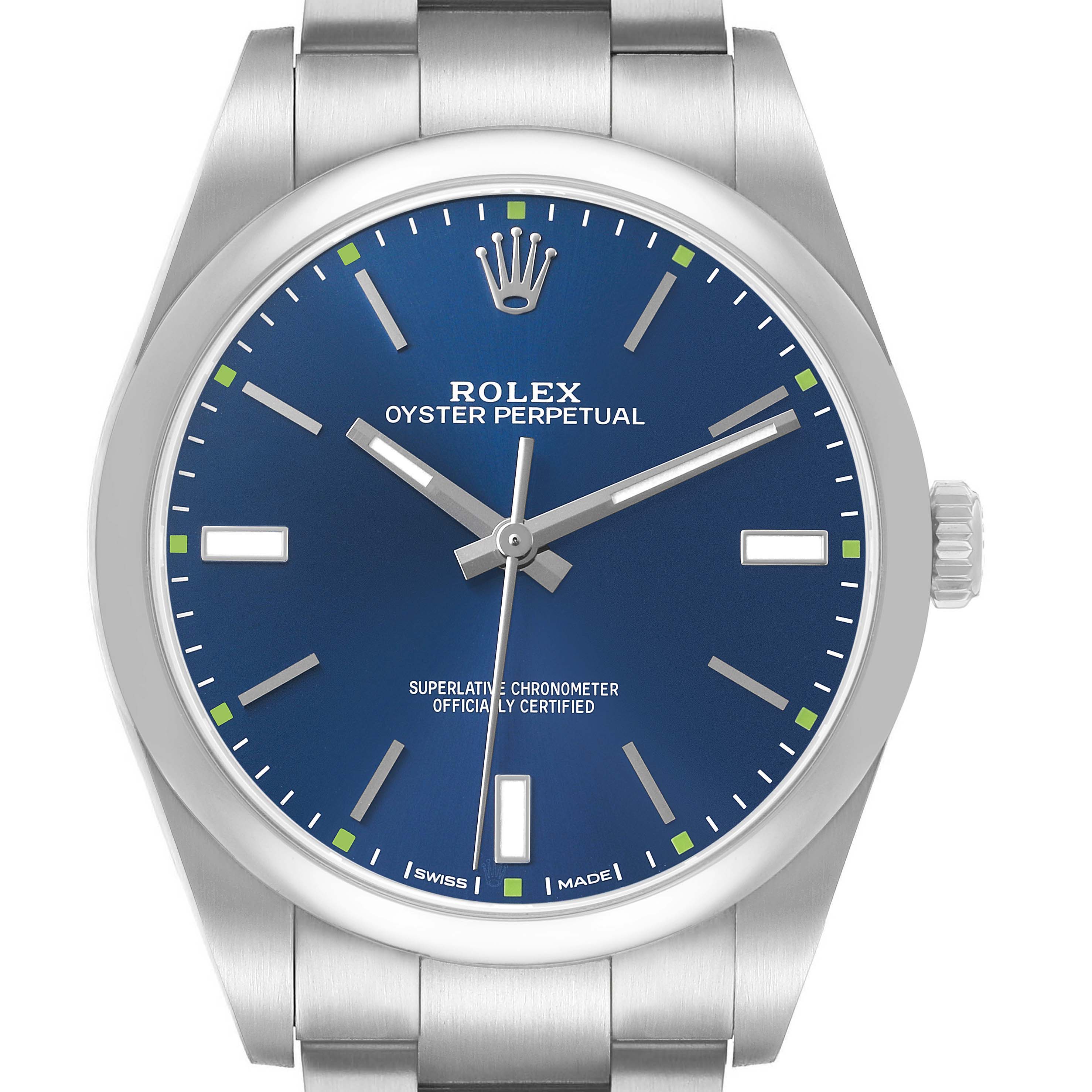 The Rolex Oyster Perpetual 114300 Men's Stainless Steel Blue Dial watch is shown from the front, displaying its blue dial, markers, and part of the bracelet.