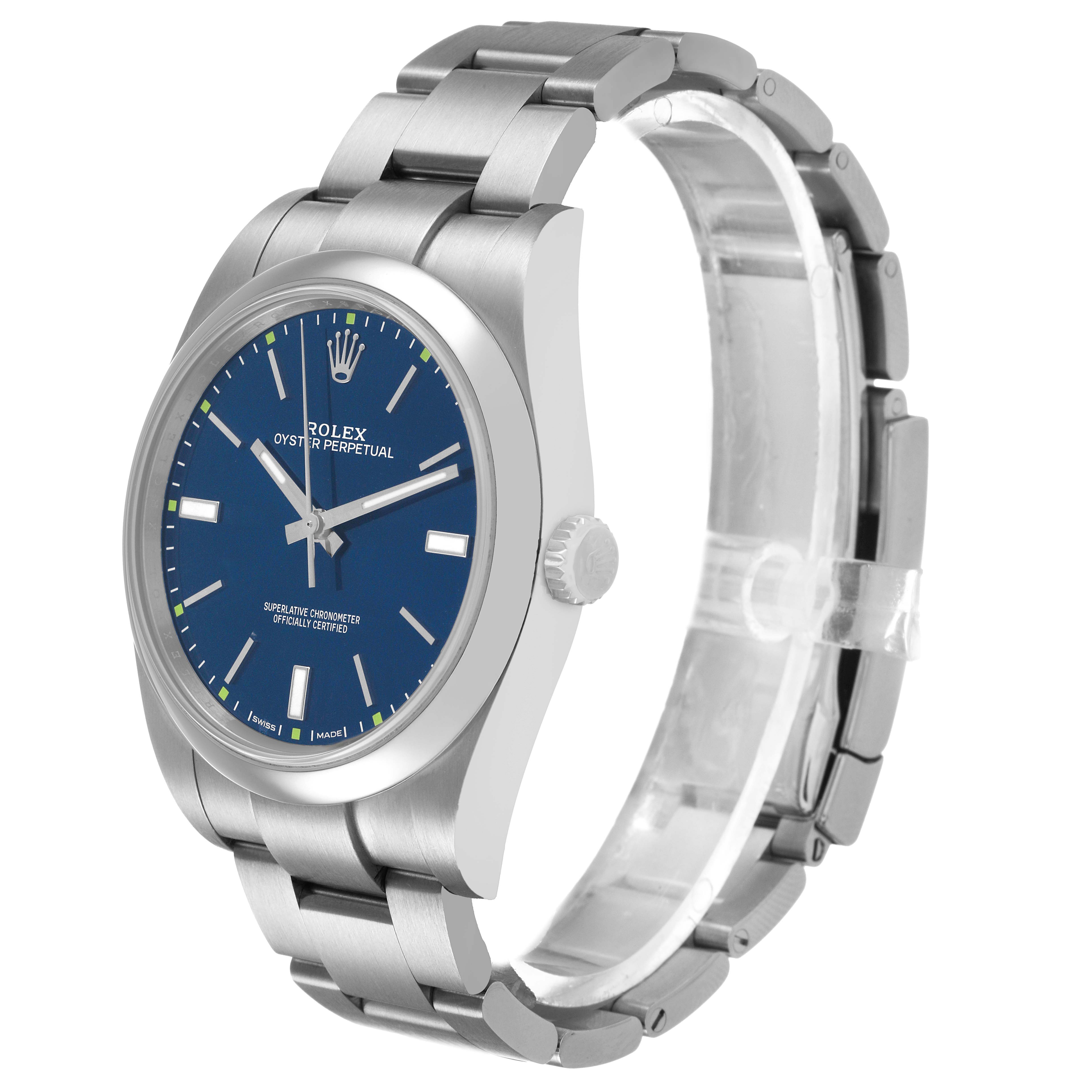The Rolex Oyster Perpetual 114300 Men's Stainless Steel Blue Dial watch is shown at a three-quarter angle, highlighting the dial, bezel, and bracelet.