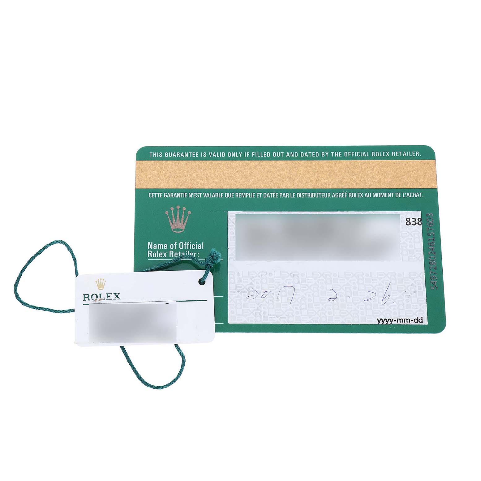 The image shows the warranty card and tag for a Rolex Oyster Perpetual 114300 Men's Stainless Steel Blue Dial watch.