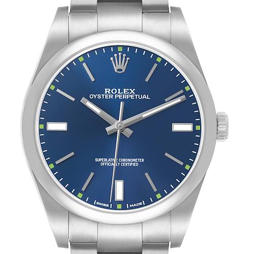 The Rolex Oyster Perpetual 114300 Men's Stainless Steel Blue Dial watch is shown from a front angle, highlighting the blue dial, hour markers, and crown.