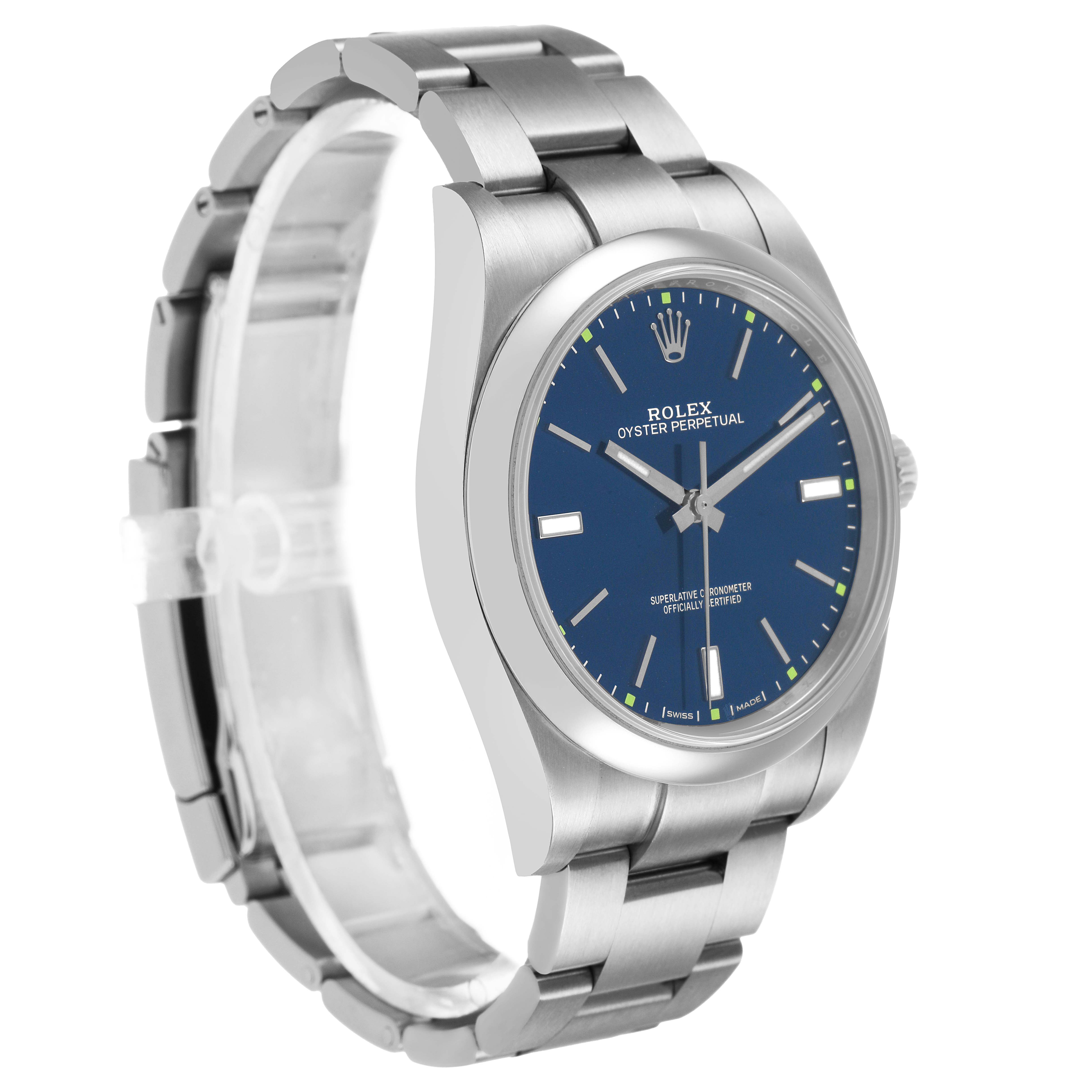 The Rolex Oyster Perpetual 114300 Men's Stainless Steel Blue Dial watch is shown from a three-quarter front angle, highlighting the blue dial and stainless steel bracelet.