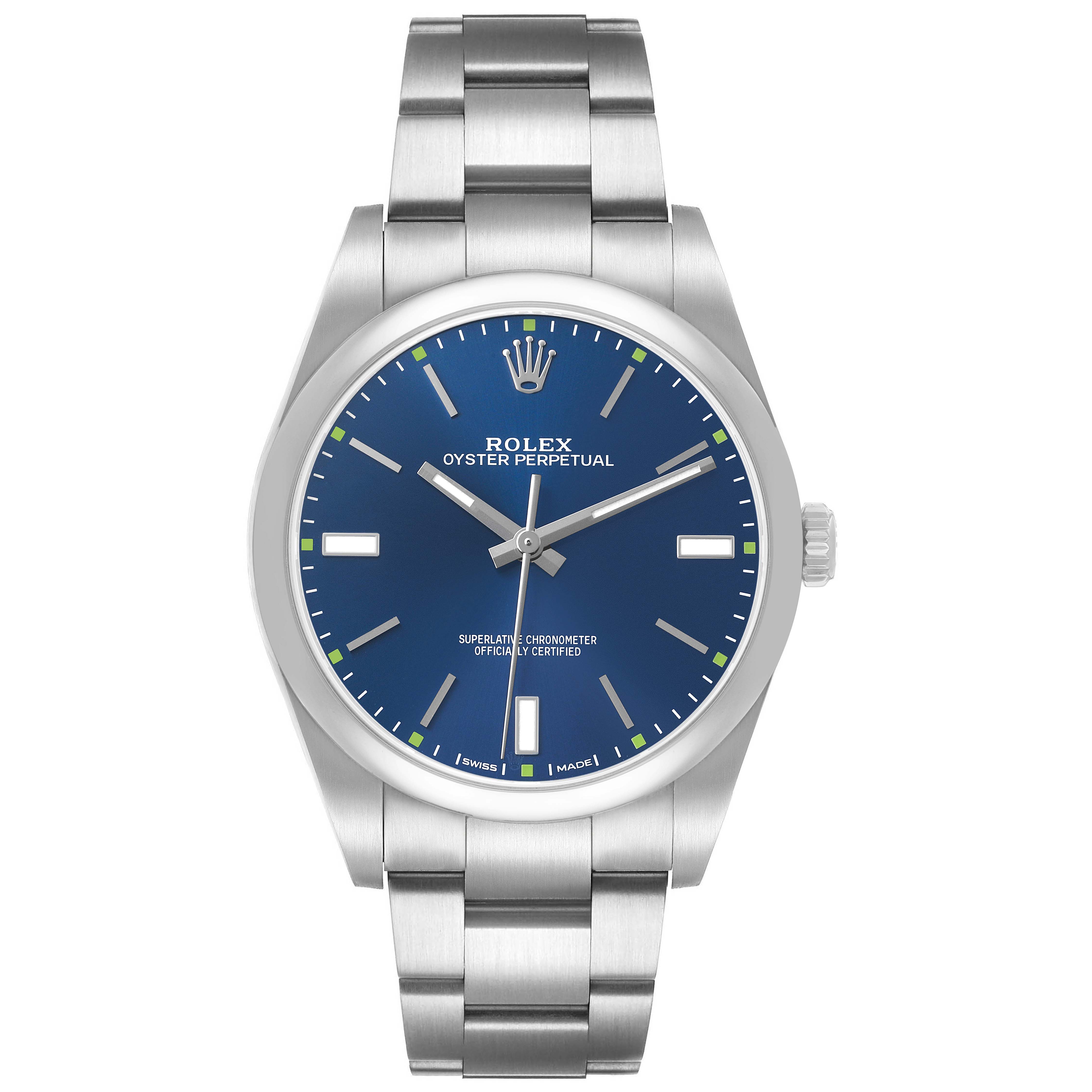 The Rolex Oyster Perpetual 114300 Men's Stainless Steel Blue Dial watch is shown from a front angle, displaying its blue dial and stainless steel bracelet.