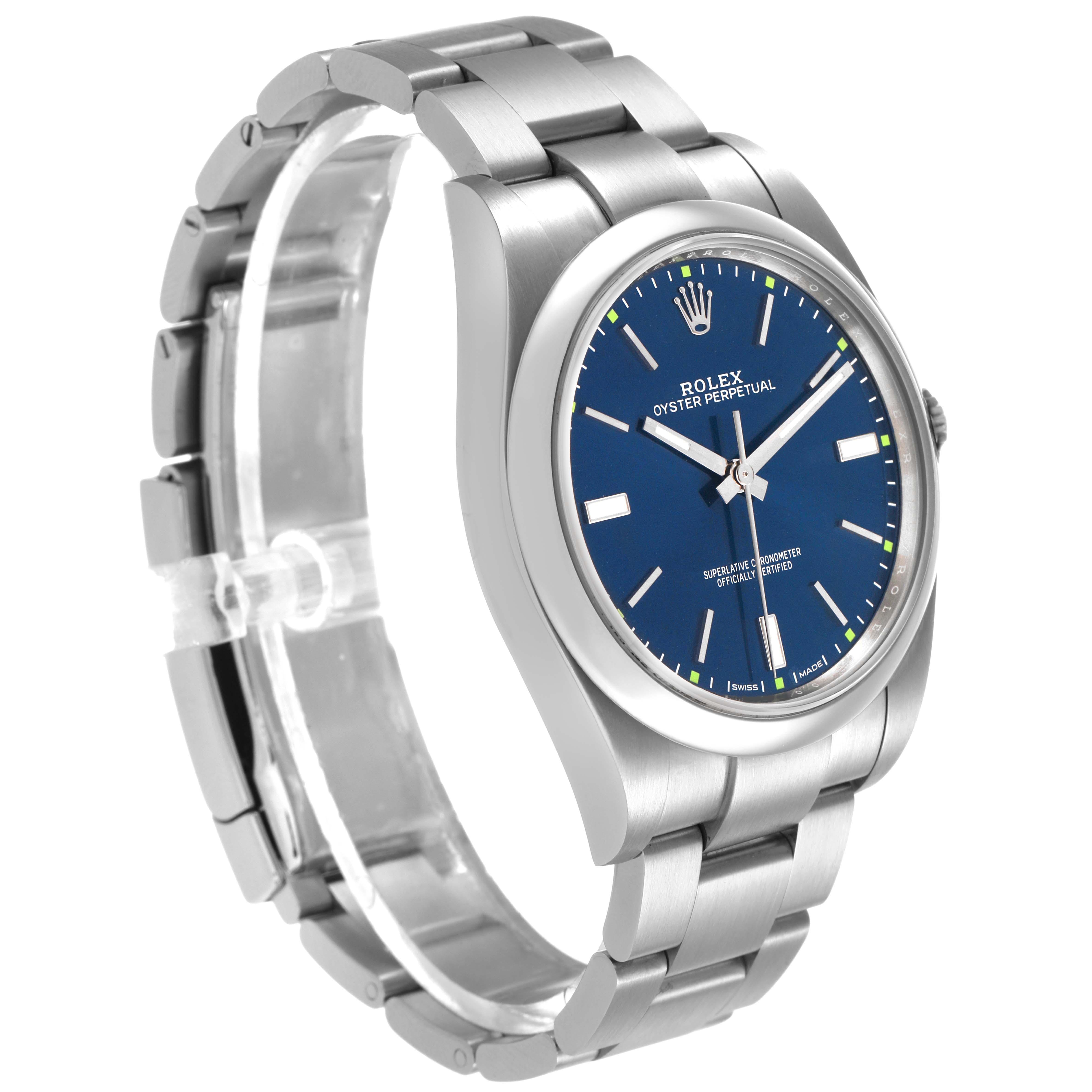 The Rolex Oyster Perpetual 114300 Men's Stainless Steel Blue Dial watch is shown at a three-quarter angle, displaying the dial, case, and bracelet.