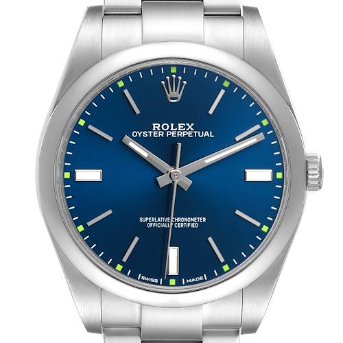 The Rolex Oyster Perpetual 114300 Men's Stainless Steel Blue Dial watch is shown from a front angle, highlighting its blue dial, hour markers, and stainless steel bracelet.