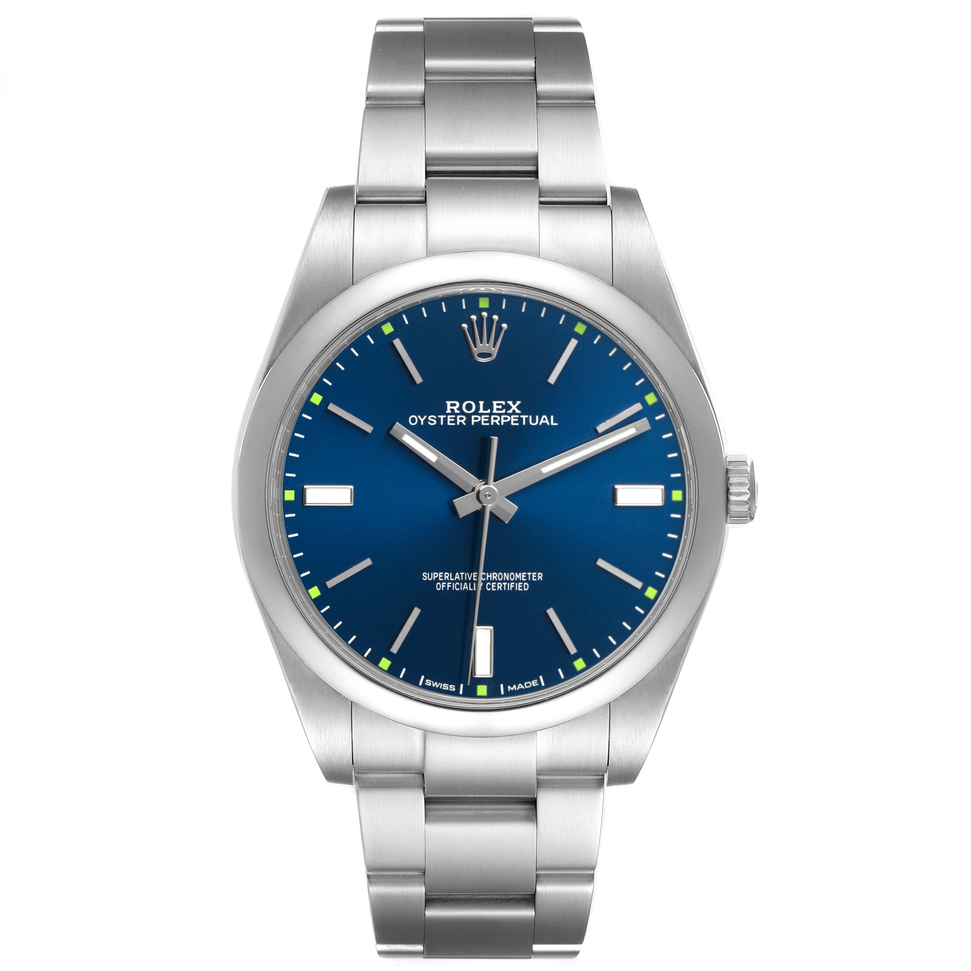 The Rolex Oyster Perpetual 114300 Men's Stainless Steel Blue Dial watch is shown from the front, highlighting the blue dial, hands, markers, and stainless steel bracelet.