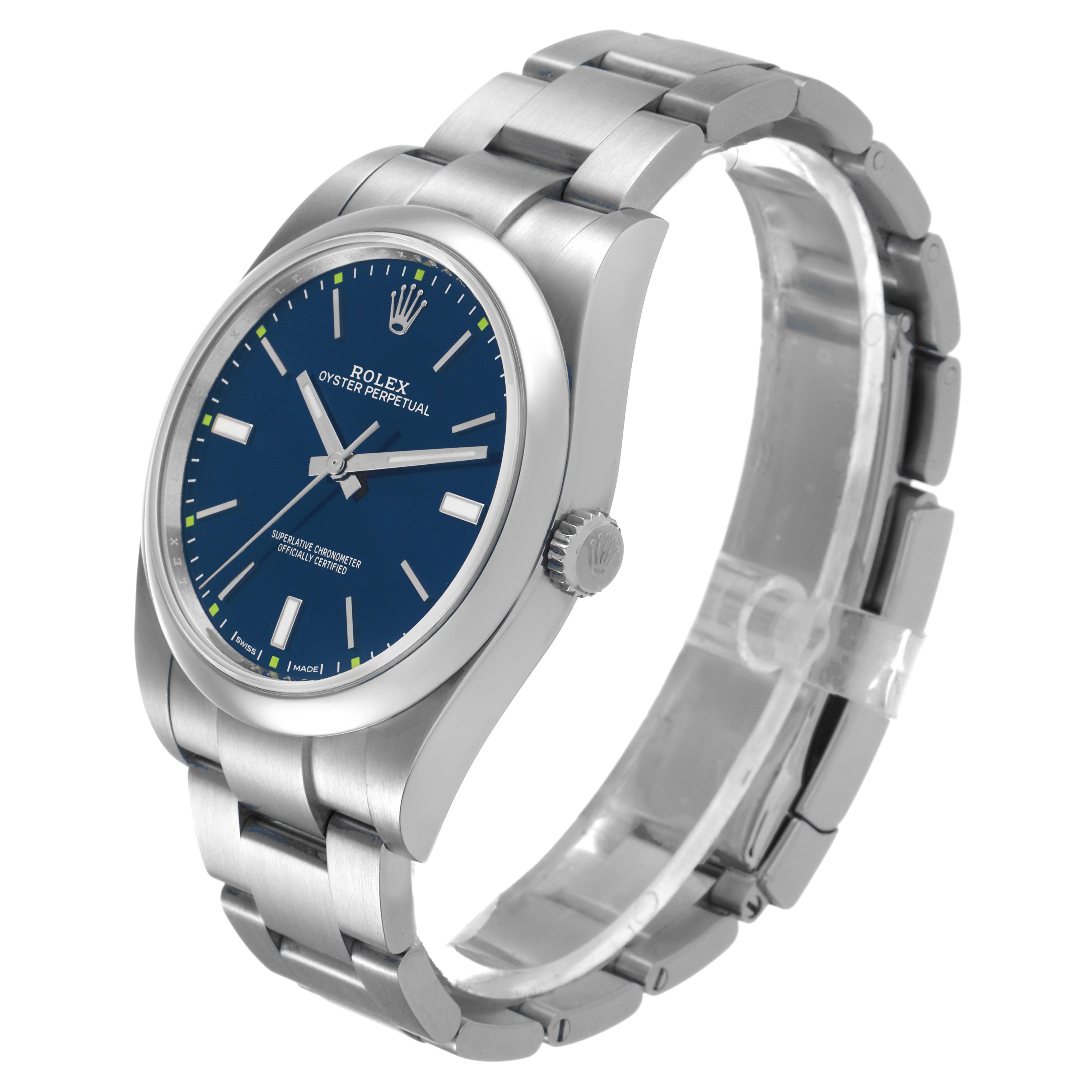 The Rolex Oyster Perpetual 114300 Men's Stainless Steel Blue Dial watch is shown at a three-quarter angle, highlighting the blue dial, case, crown, and bracelet.