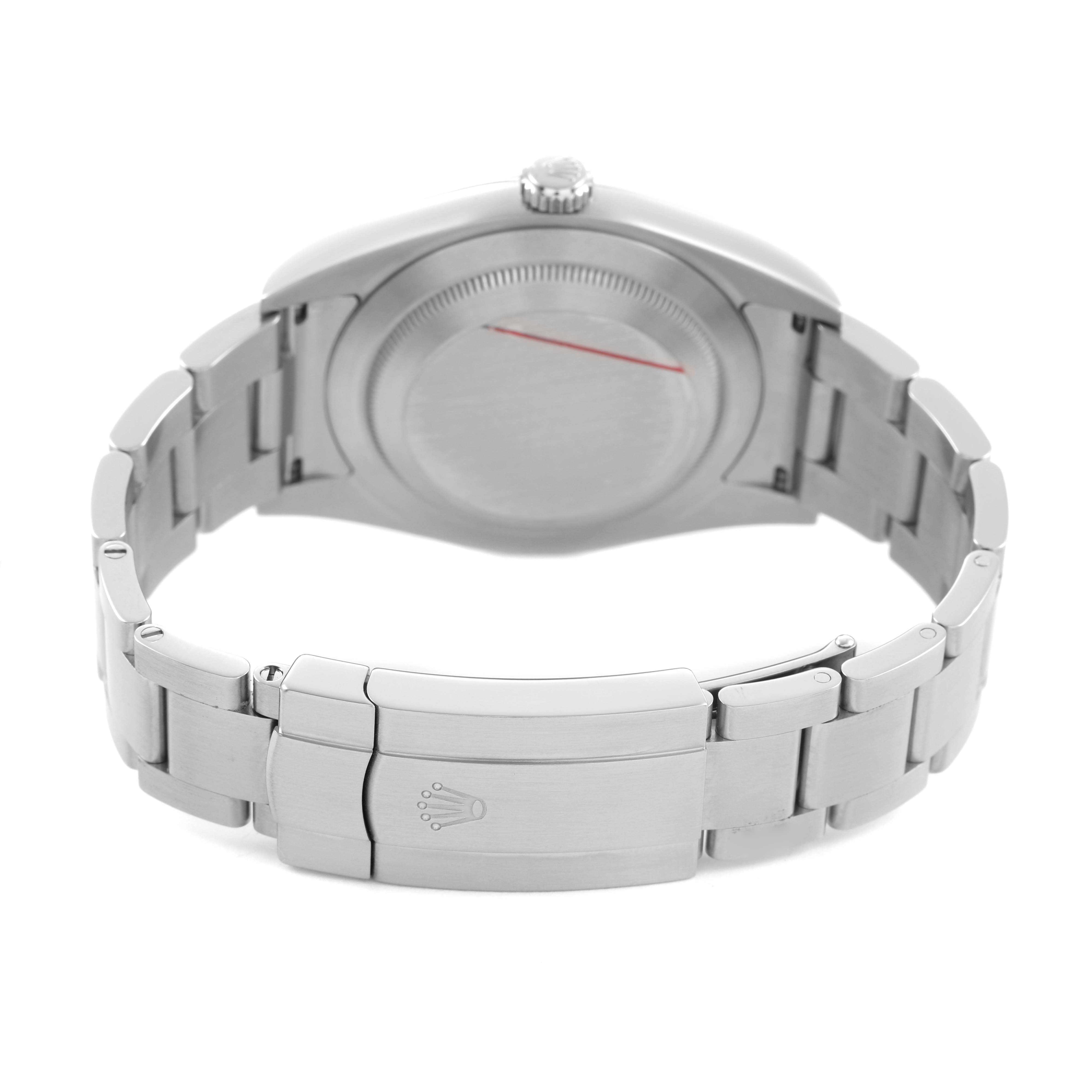 The image shows the back of a Rolex Oyster Perpetual 114300 Men's Stainless Steel Blue Dial watch, highlighting the case, bracelet, and clasp with the Rolex logo.