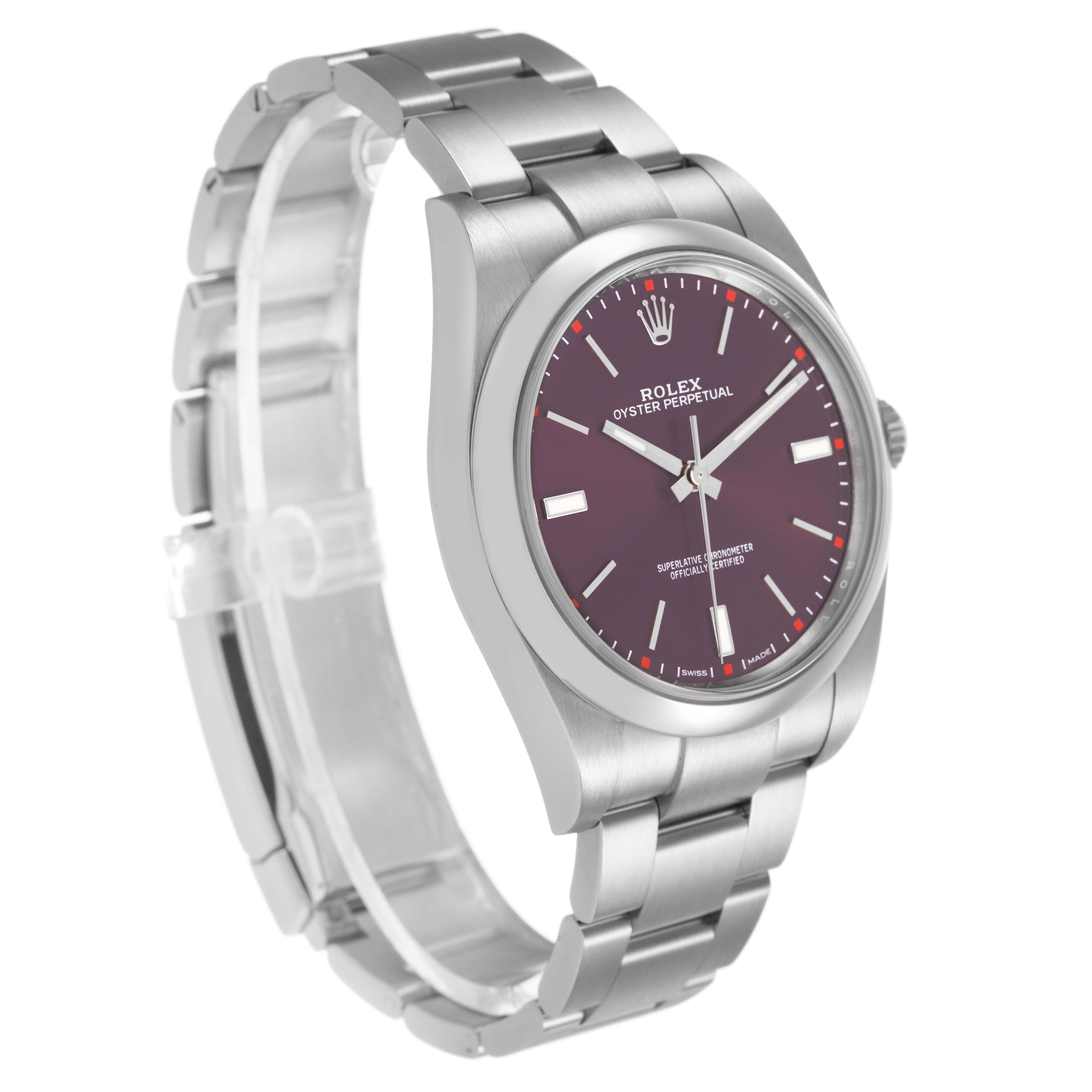 The Rolex Oyster Perpetual 114300 Men's Stainless Steel Purple Dial watch is shown at a slight angle, revealing the face, bracelet, and crown.
