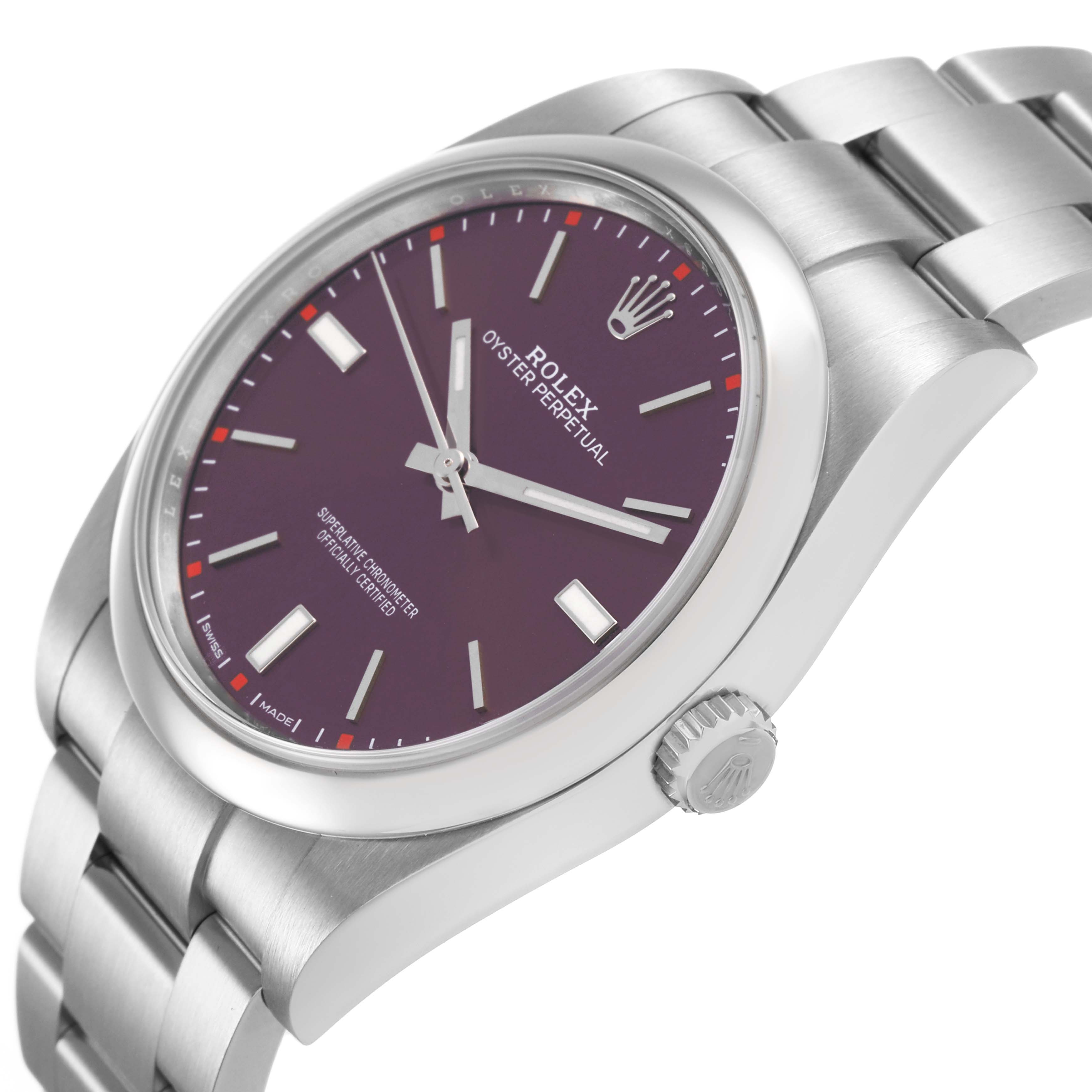 The Rolex Oyster Perpetual 114300 Men's Stainless Steel Purple Dial watch is shown from an angled side view, highlighting the case, bezel, dial, and bracelet.