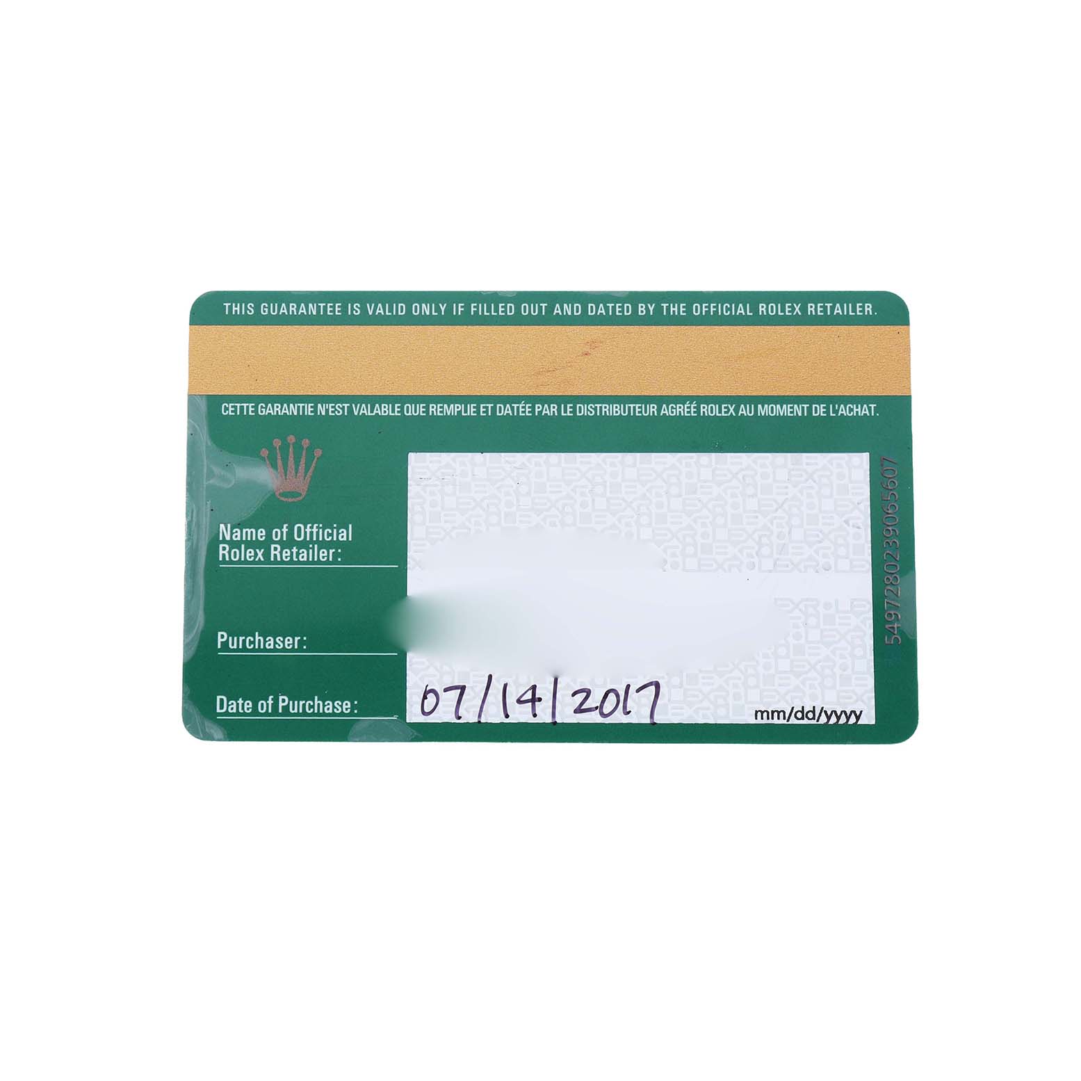 The image shows a Rolex Oyster Perpetual 114300 Men's Stainless Steel Purple Dial warranty card from an overhead angle.