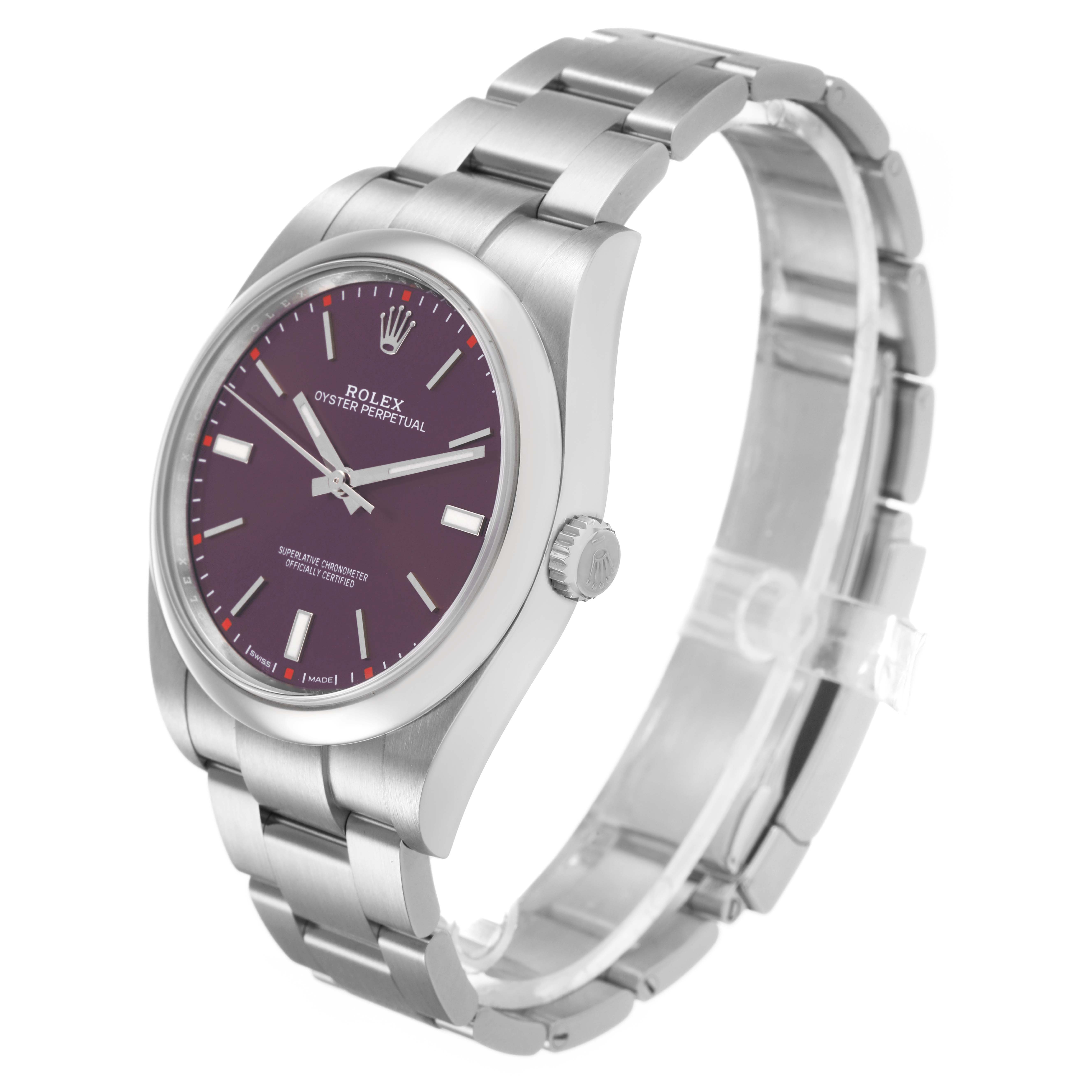 The Rolex Oyster Perpetual 114300 Men's Stainless Steel Purple Dial watch is shown at an angle highlighting the dial, bezel, and bracelet.