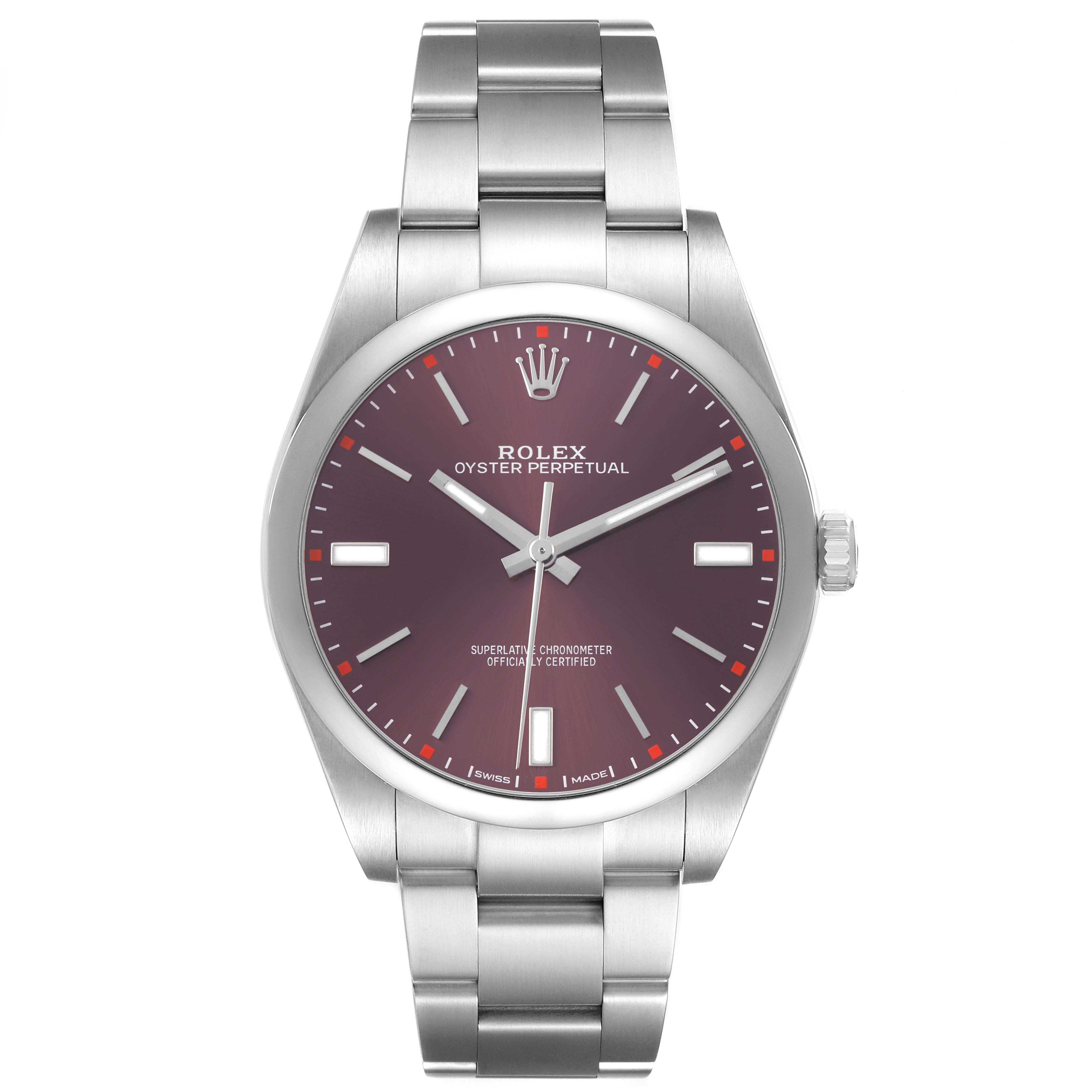 The Rolex Oyster Perpetual 114300 Men's Stainless Steel Purple Dial watch is shown from the front, highlighting the dial, bracelet, and crown.