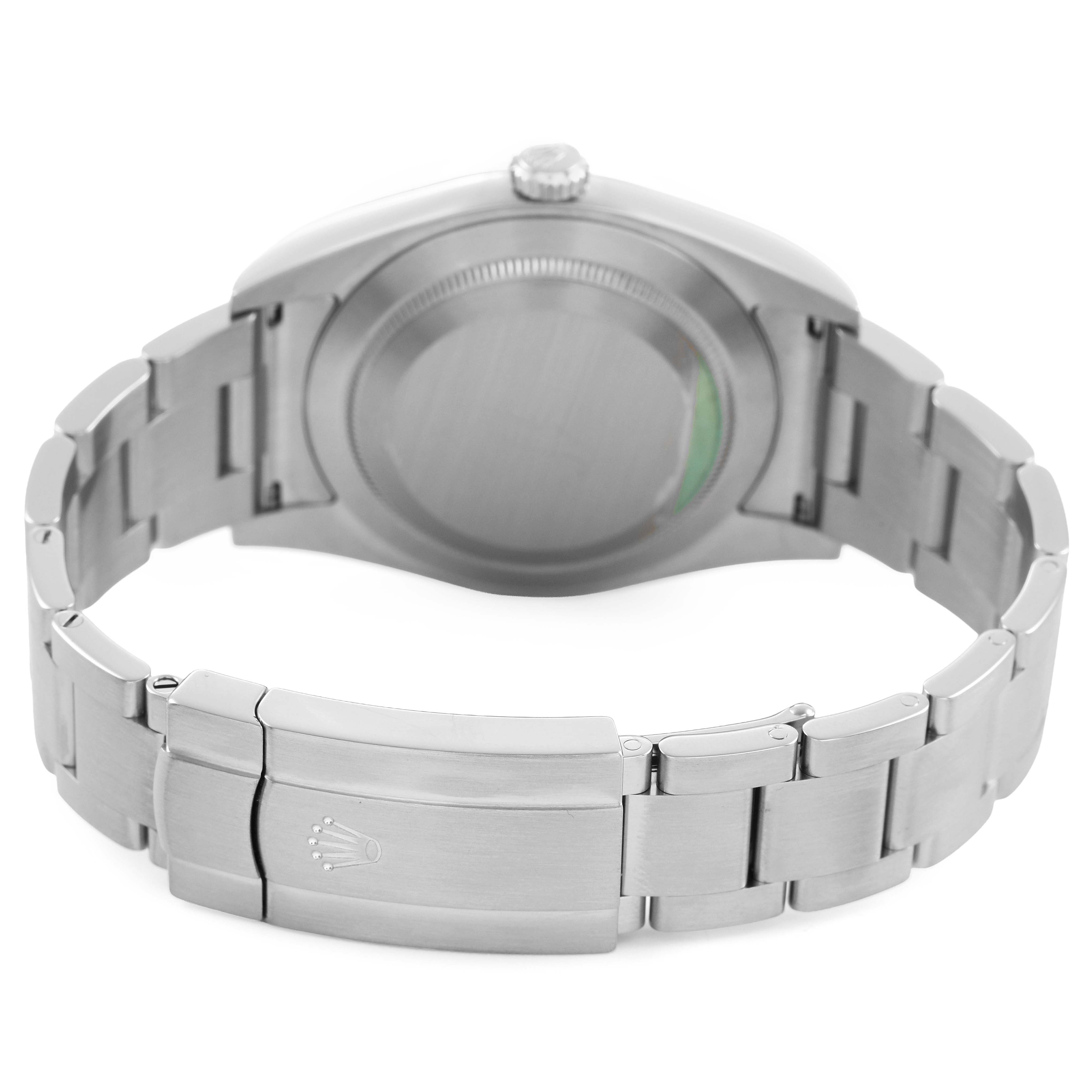 The image shows the back and bracelet clasp of a Rolex Oyster Perpetual 114300 Men's Stainless Steel Purple Dial watch from a rear angle.