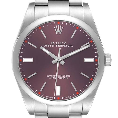 The Rolex Oyster Perpetual 114300 Men's Stainless Steel Purple Dial watch is shown from a front angle, highlighting its dial, bezel, and part of the bracelet.