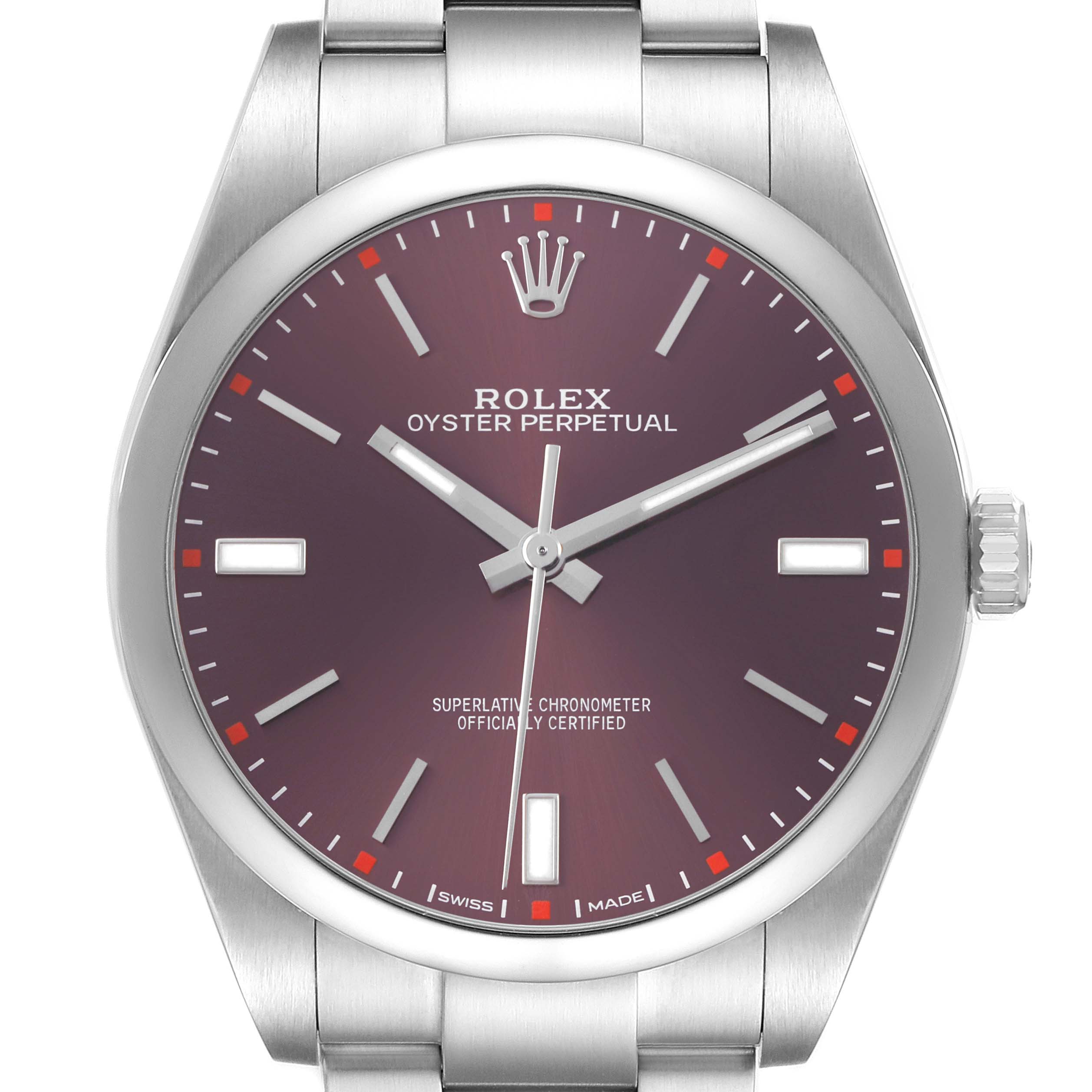 The Rolex Oyster Perpetual 114300 Men's Stainless Steel Purple Dial watch is shown from the front, displaying the dial, hands, markers, and part of the bracelet.