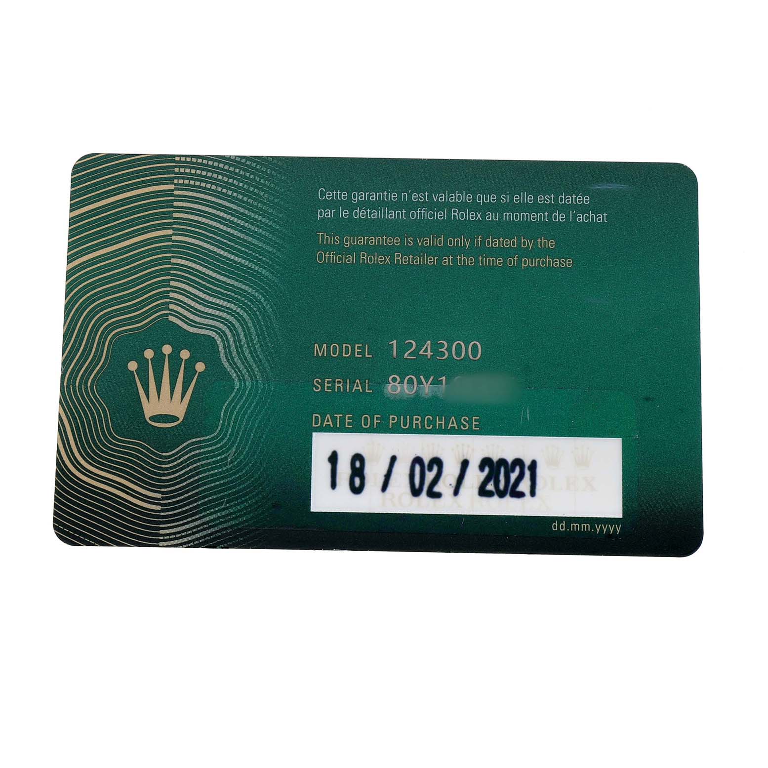 The image shows a warranty card for a Rolex Oyster Perpetual M124300-0002 Men's Stainless Steel Black Dial watch, model 124300, with serial number and purchase date visible.